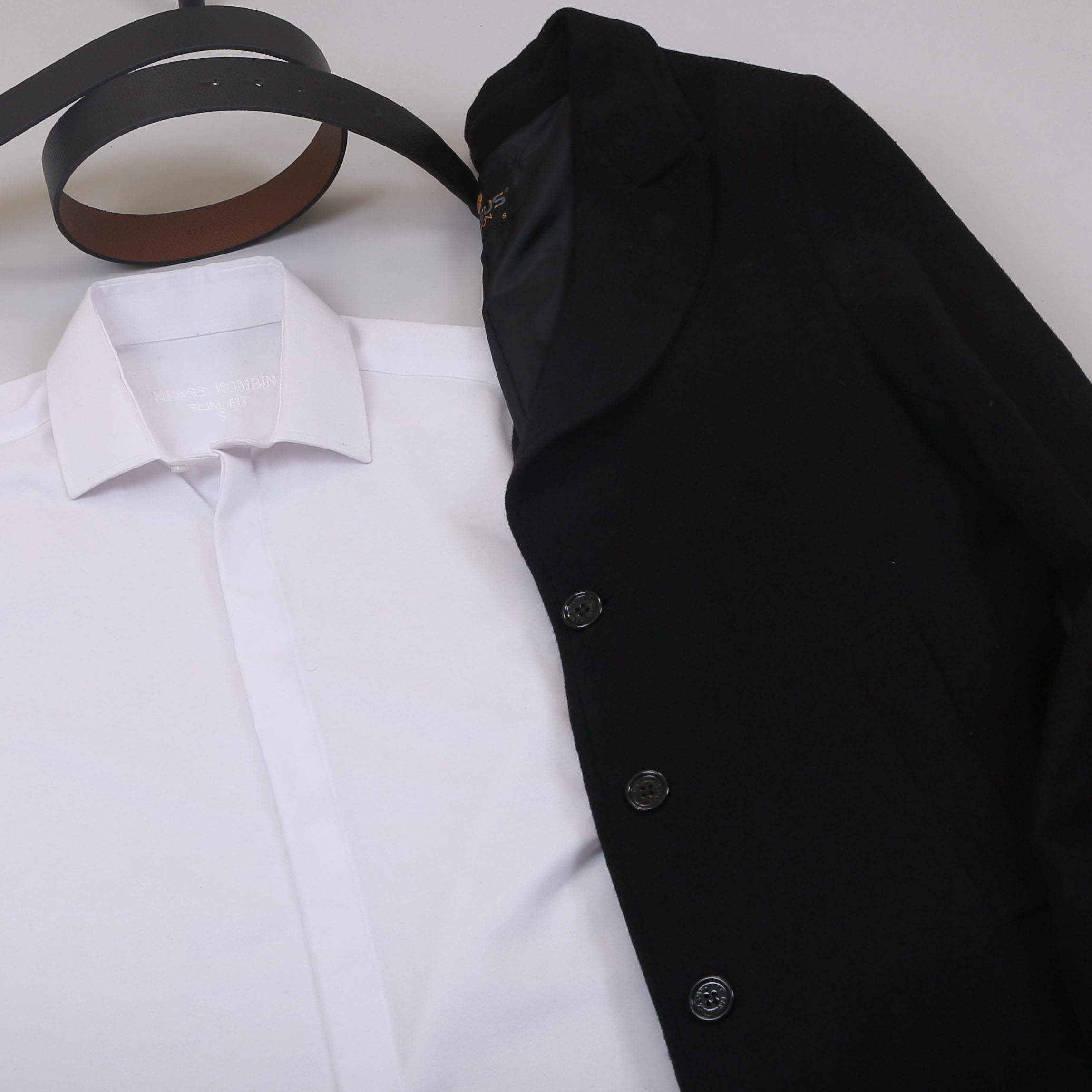 Siyah Kaşe Kaban Gömlek Pantolon Ayakkabı Kombin