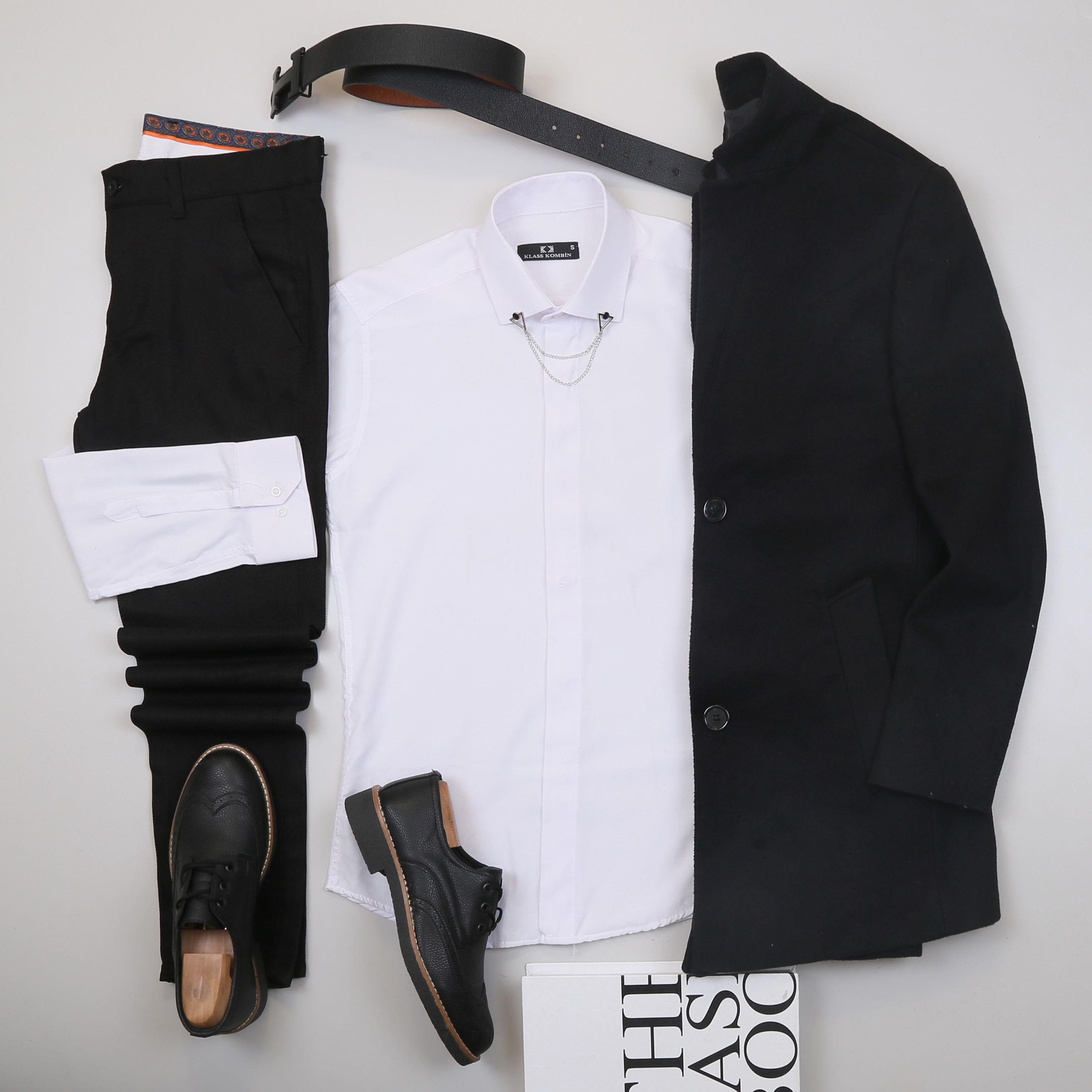 Siyah Kaşe Kaban Gömlek Pantolon Ayakkabı Kombin