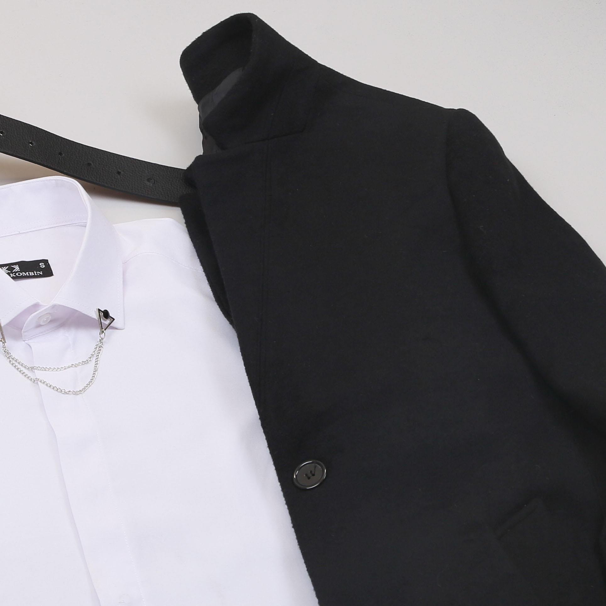 Siyah Kaşe Kaban Gömlek Pantolon Ayakkabı Kombin