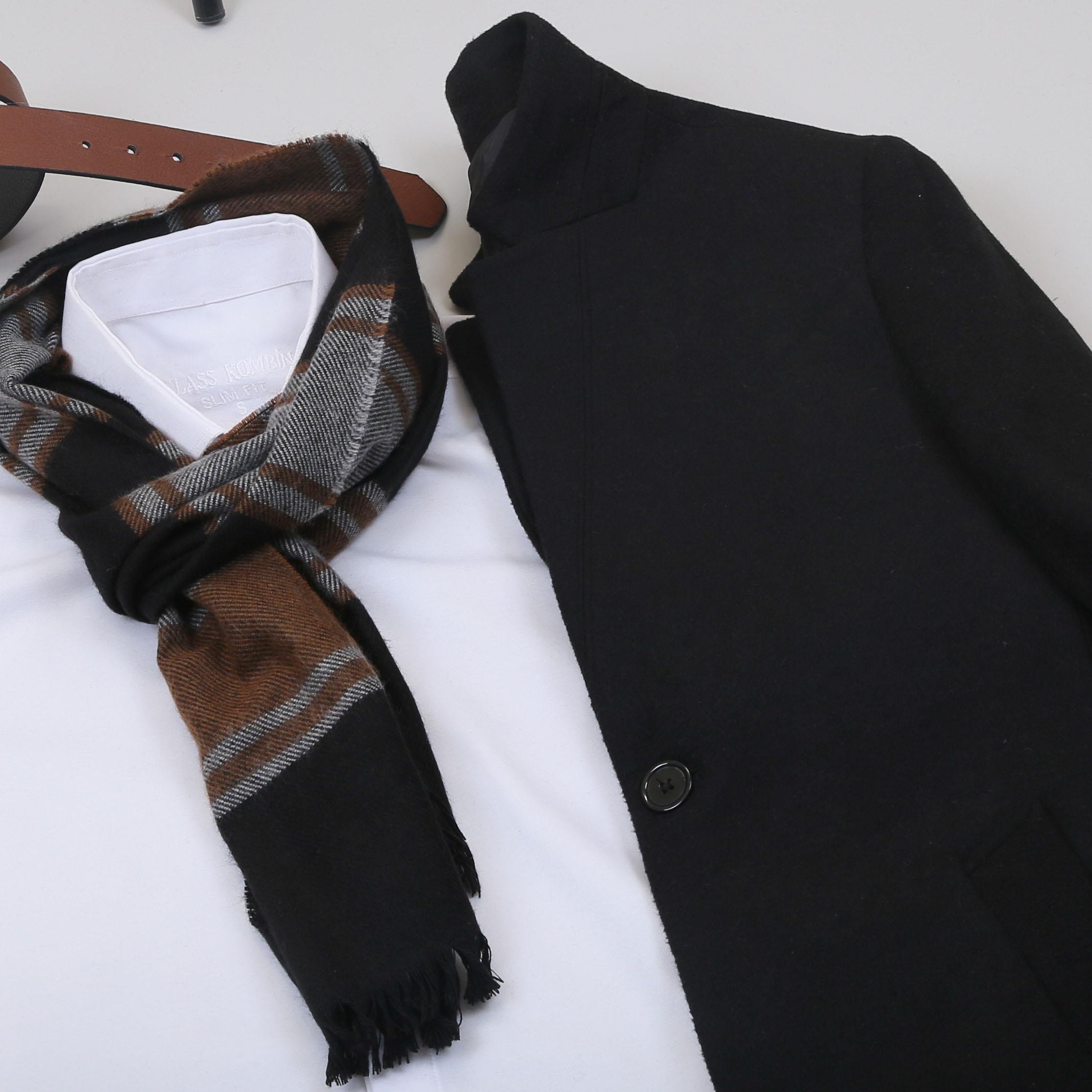 Siyah Kaşe Kaban Gömlek Pantolon Ayakkabı Kombin