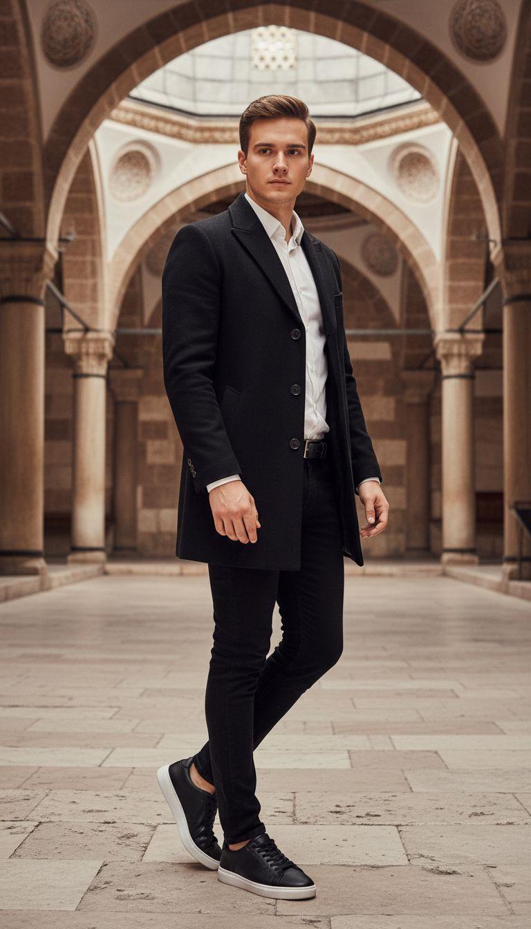Siyah Kaşe Kaban Gömlek Pantolon Ayakkabı Kombin