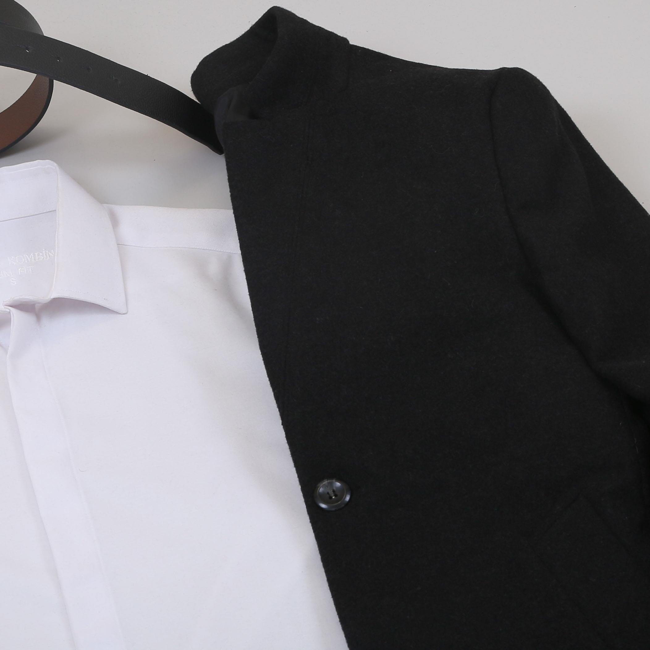 Siyah Kaşe Kaban Gömlek Pantolon Ayakkabı Kombin