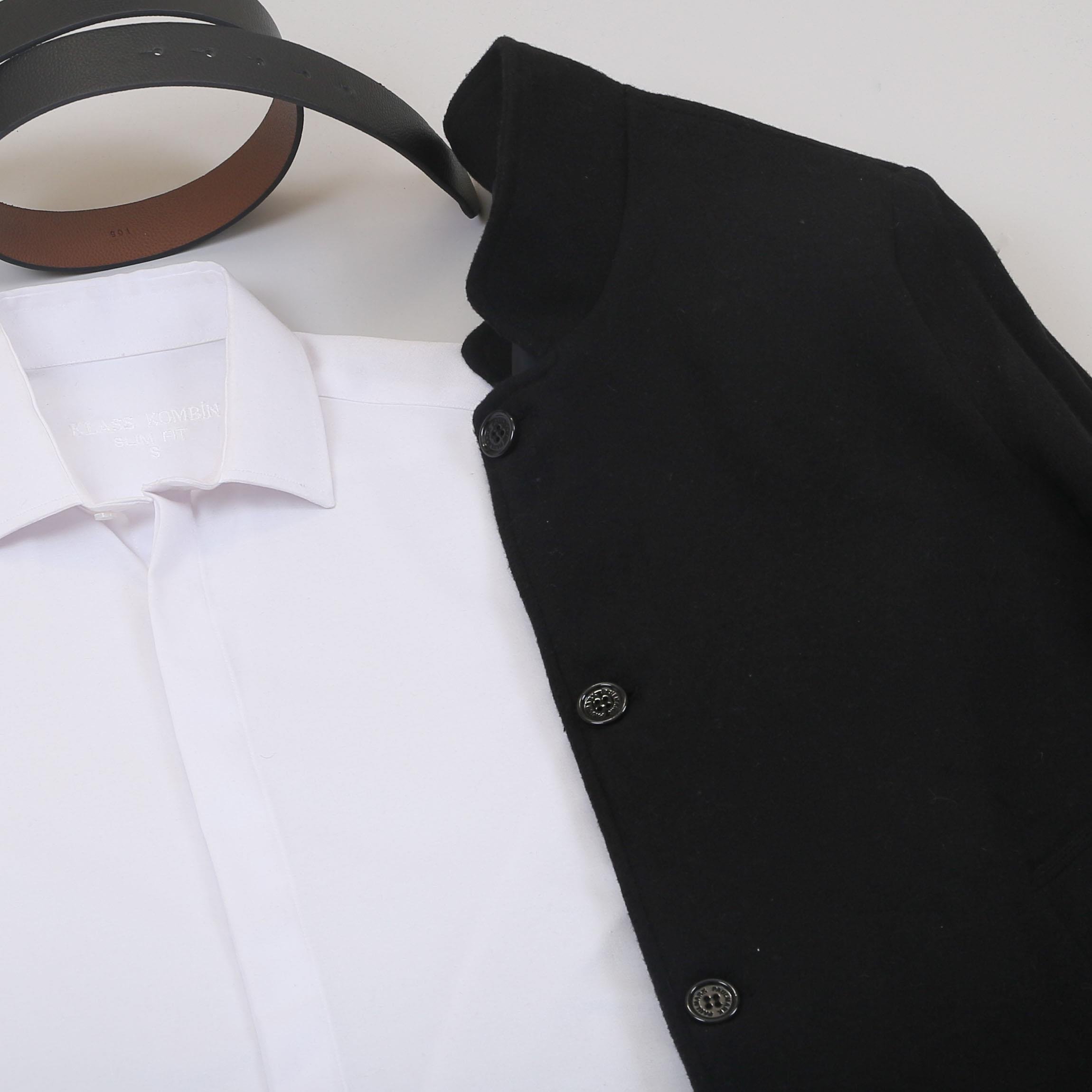 Siyah Kaşe Kaban Gömlek Pantolon Ayakkabı Kombin