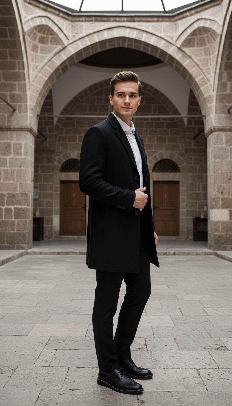 Siyah Kaşe Kaban Gömlek Pantolon Ayakkabı Kombin