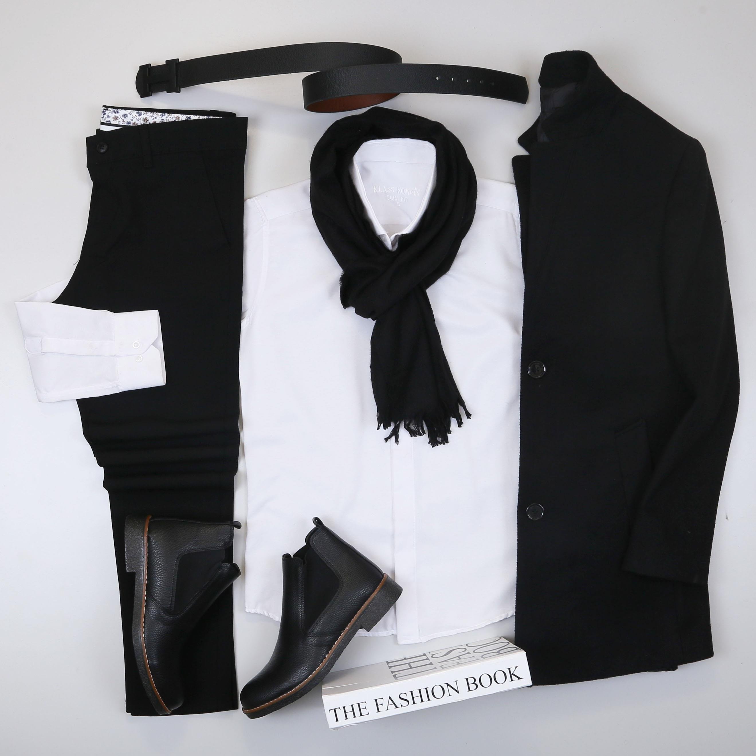 Siyah Kaşe Kaban Gömlek Pantolon Bot Kombin