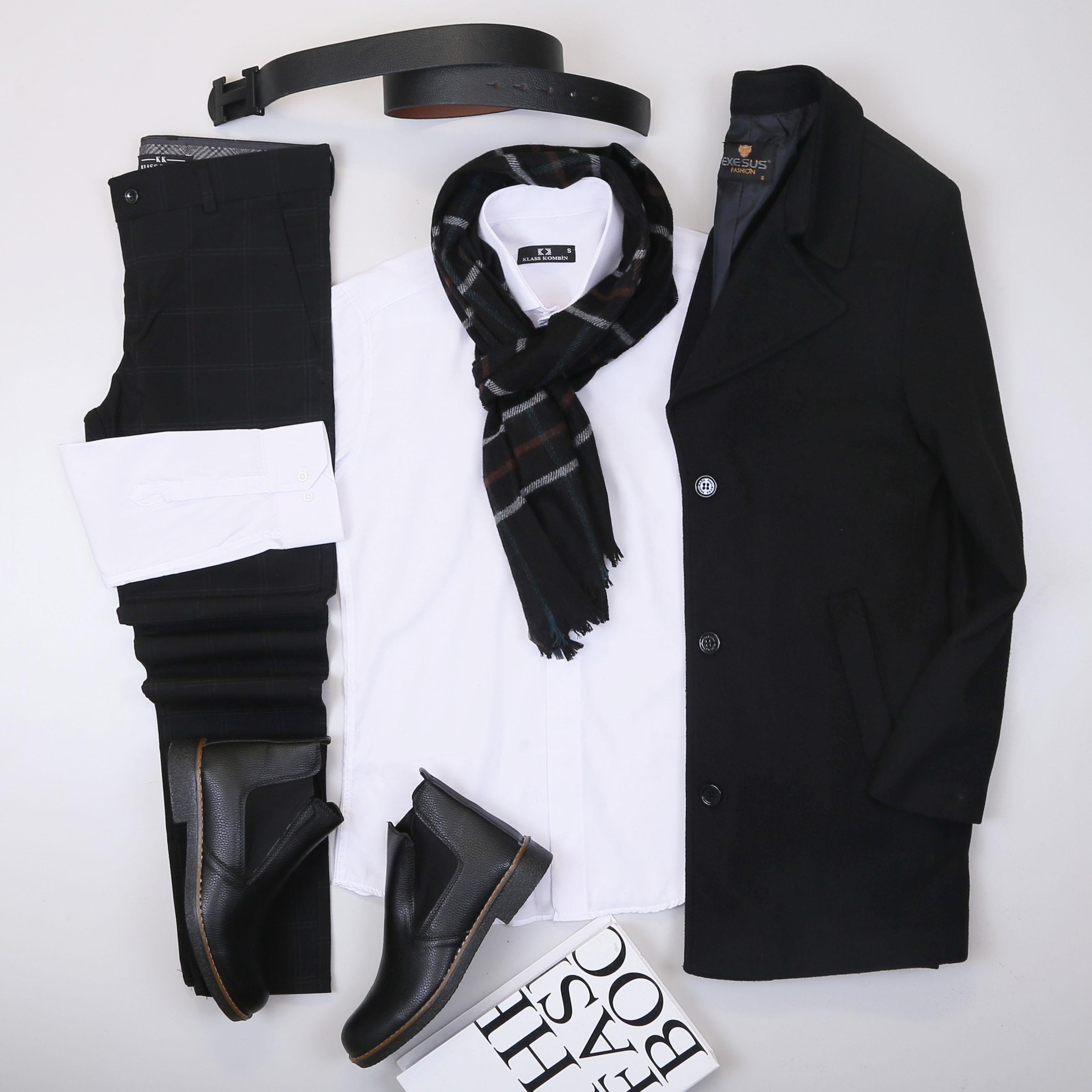 Siyah Kaşe Kaban Gömlek Pantolon Bot Kombin