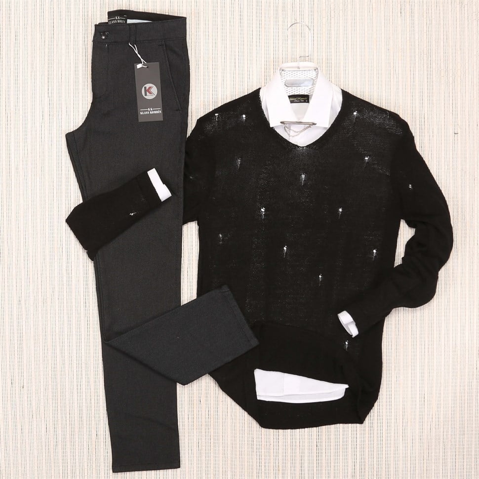 Siyah Kazak Gömlek Kombin