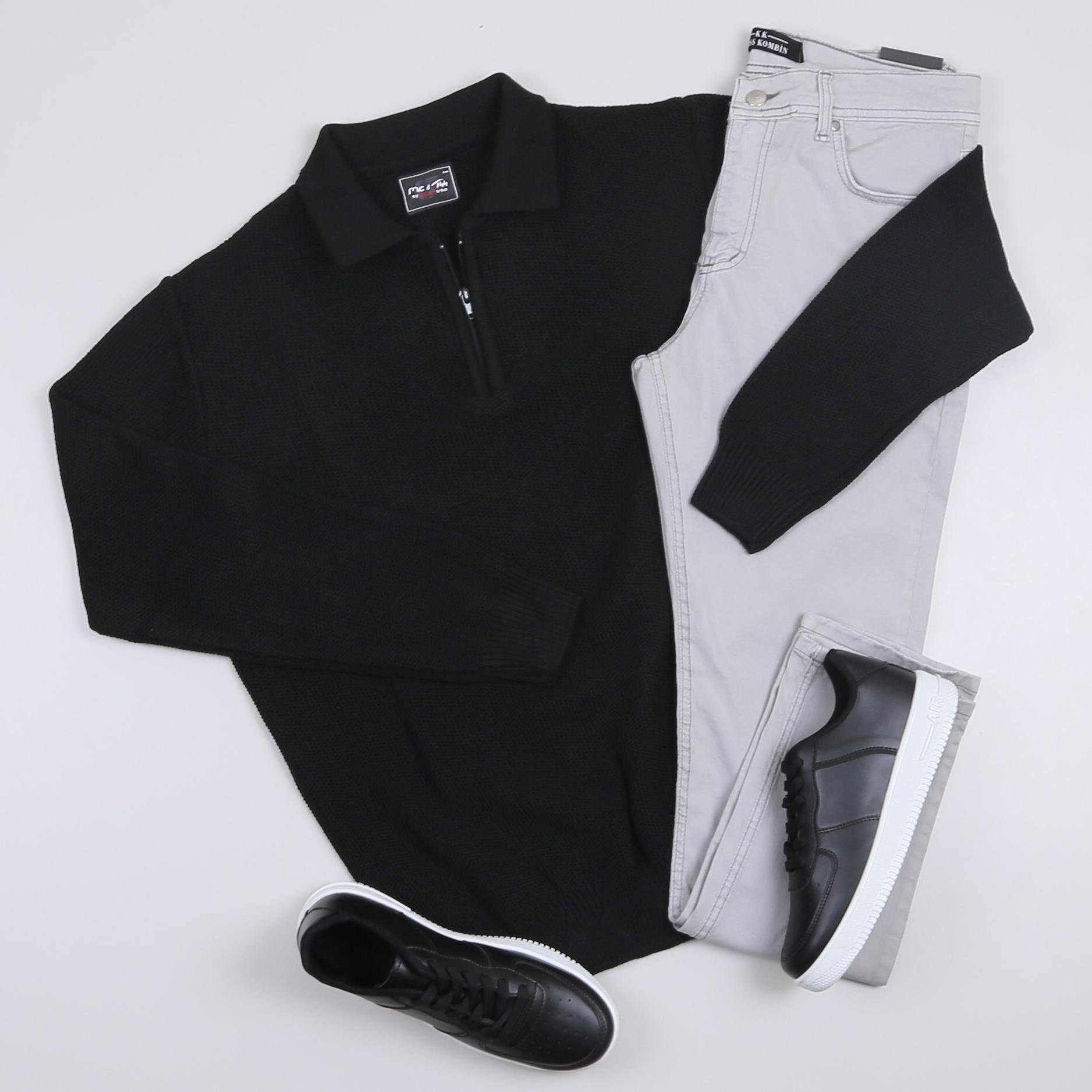 Siyah Kazak Kot Pantolon Ayakkabı Kombini