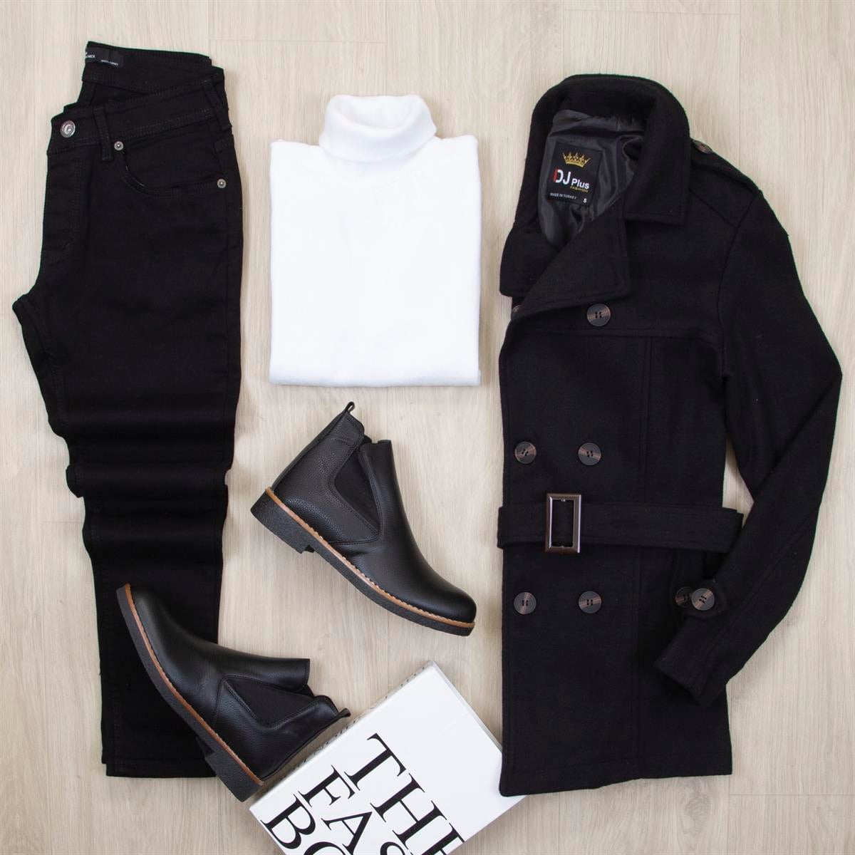 Siyah Kemerli Kaşe Kaban Boğazlı Body Pantolon Ayakkabı Kombin