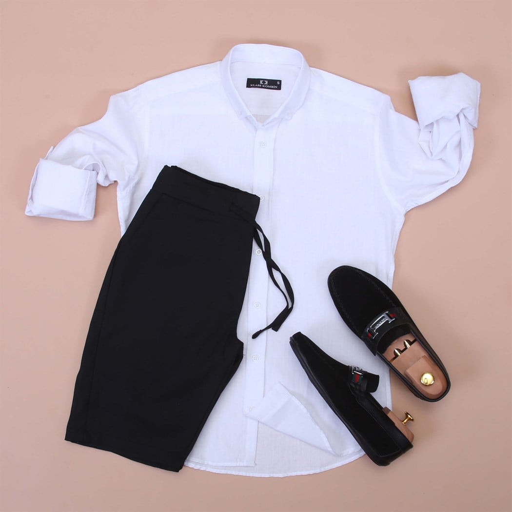 Siyah Keten Sort Gömlek Ayakkabı Kombini