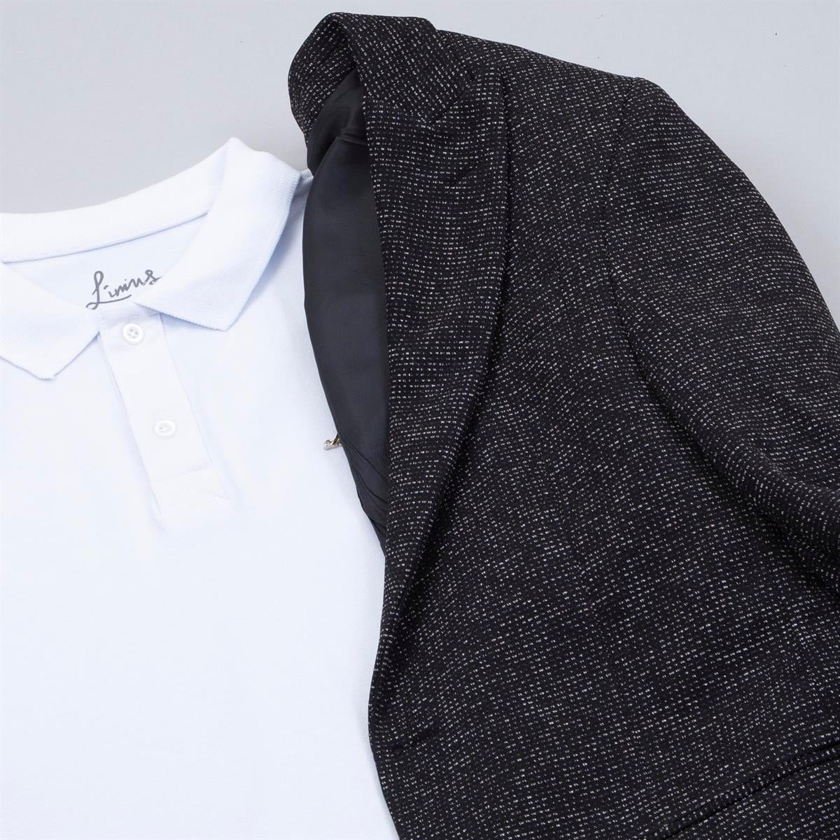 Siyah Kırçıllı Blazer Blazer Ceket Polo Yaka Tişört Pantolon Ayakkabı Kombin