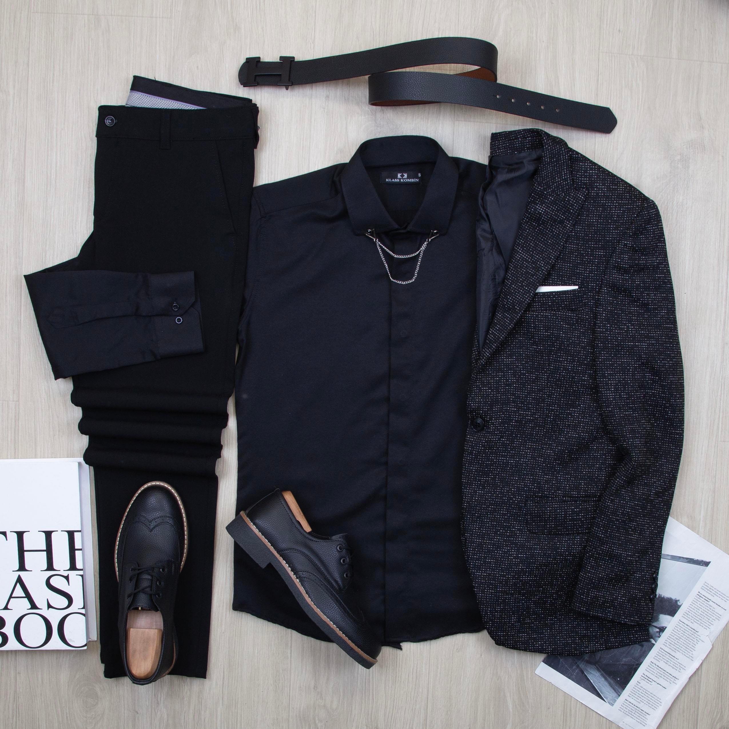 Siyah Kırçıllı Blazer Ceket Gömlek Pantolon Ayakkabı Kombin