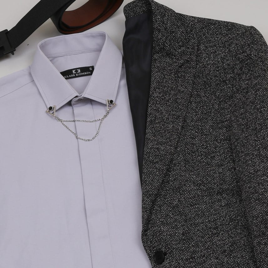 Siyah Kırçıllı  Blazer Ceket Gri Gömlek Gri Pantolon  Ayakkabı Kombin