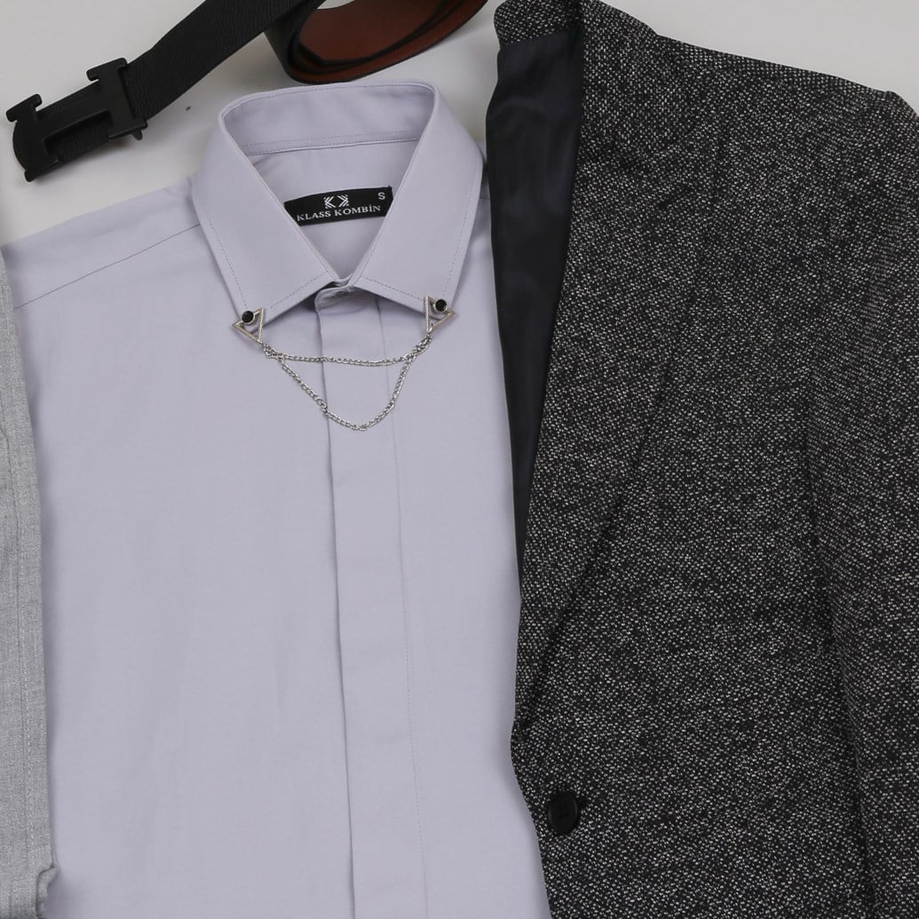 Siyah Kırçıllı  Blazer Ceket Gri Gömlek Gri Pantolon  Ayakkabı Kombinİ