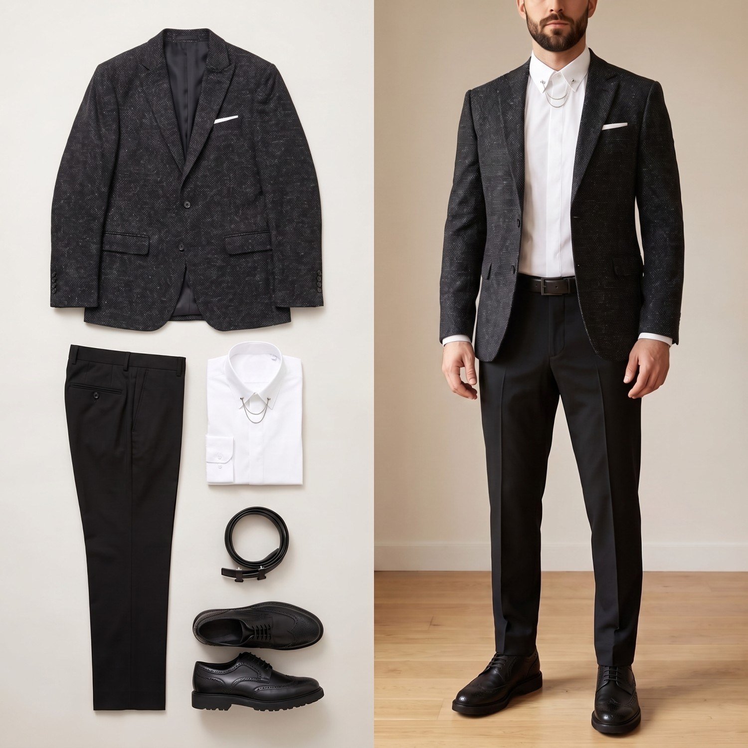 Siyah Kırçıllı Blazer Ceket Kombini Erkek | Slim Fit Şık Komple Set 