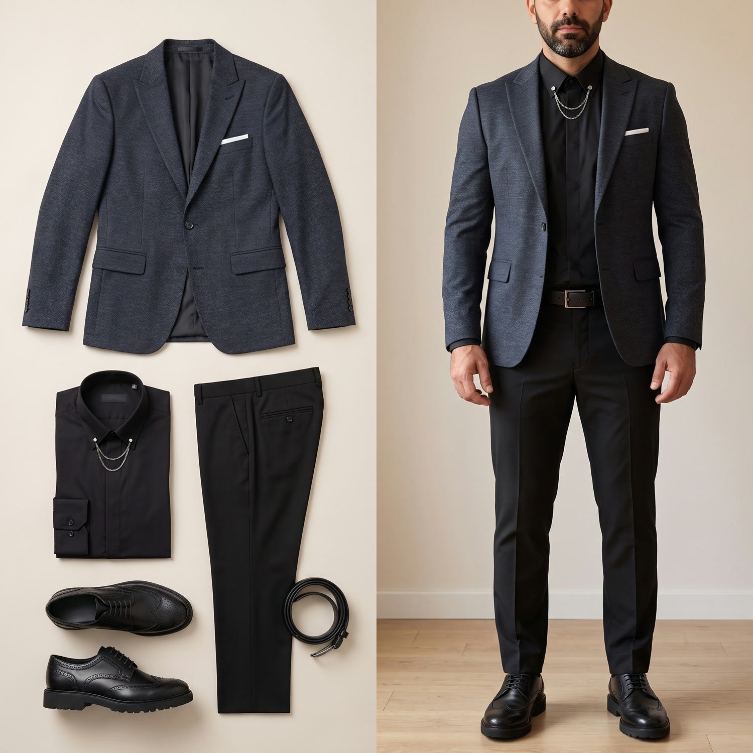 Siyah Kırçıllı Blazer Ceket Gömlek Pantolon Ayakkabı Kombin