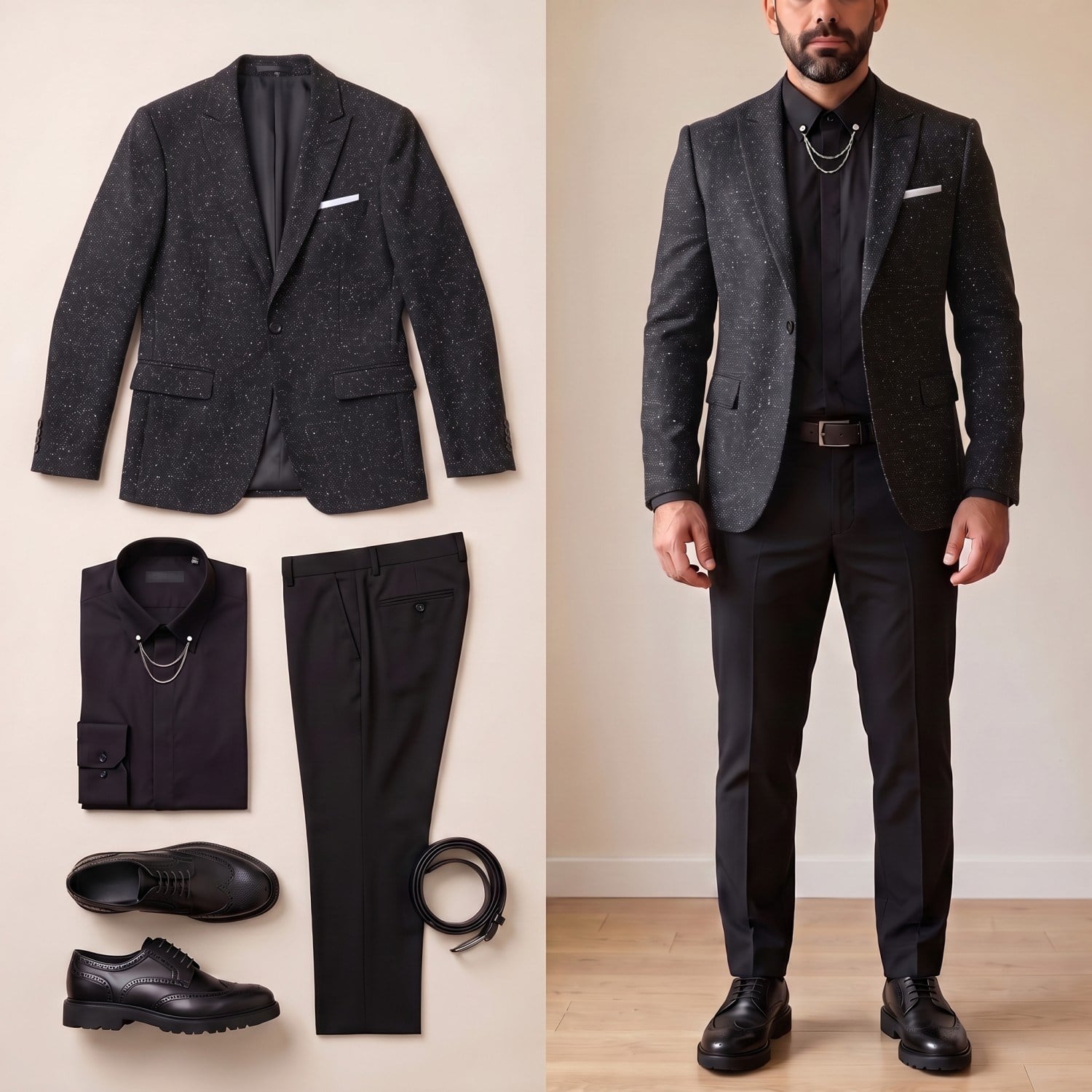 Siyah Kırçıllı Blazer Ceket Kombini Erkek | Slim Fit Şık Komple Set 