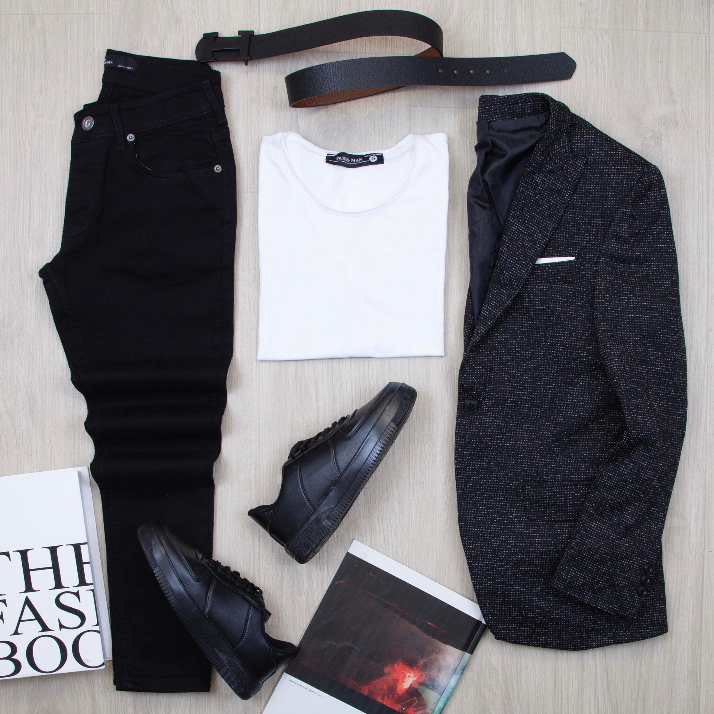 Siyah Kırçıllı Blazer Ceket Tişört Pantolon Ayakkabı Kombin