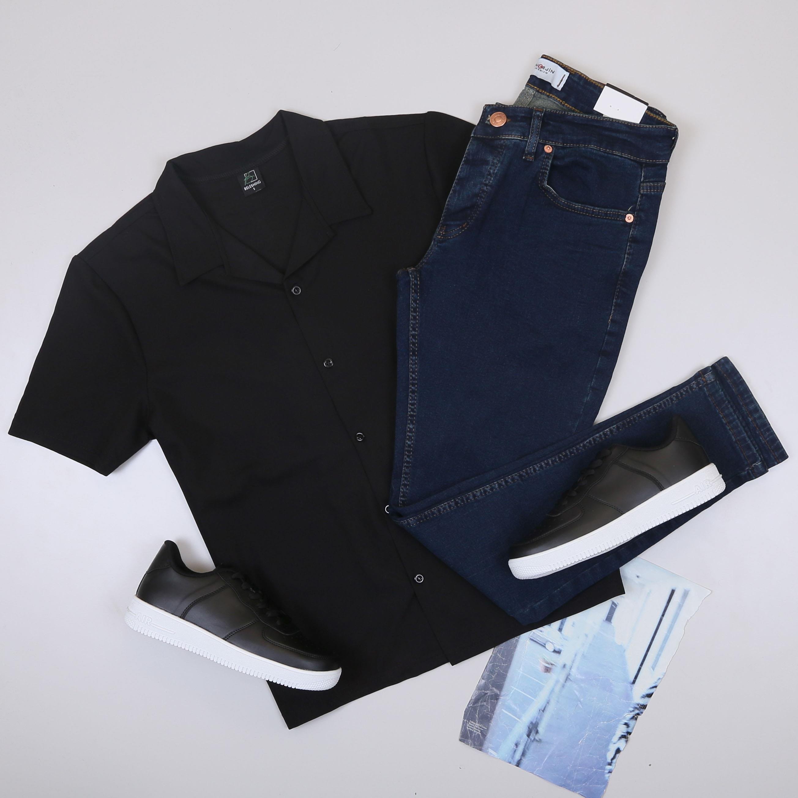 Siyah Kısa Kollu Gömlek Kombini