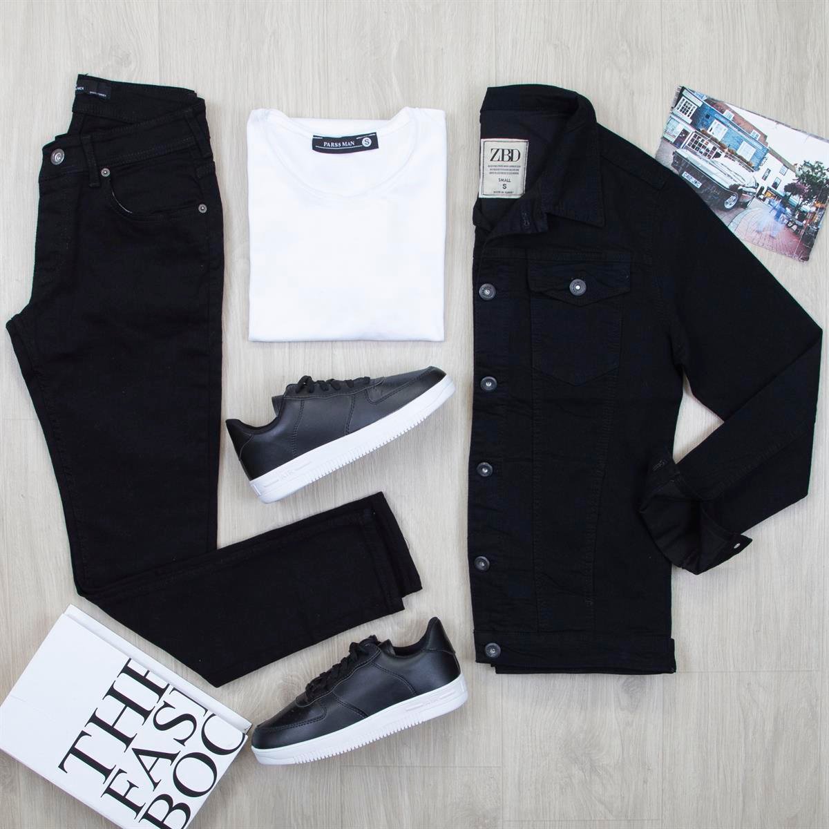 Siyah Kot Ceket Tişört Pantolon Ayakkabı Kombin