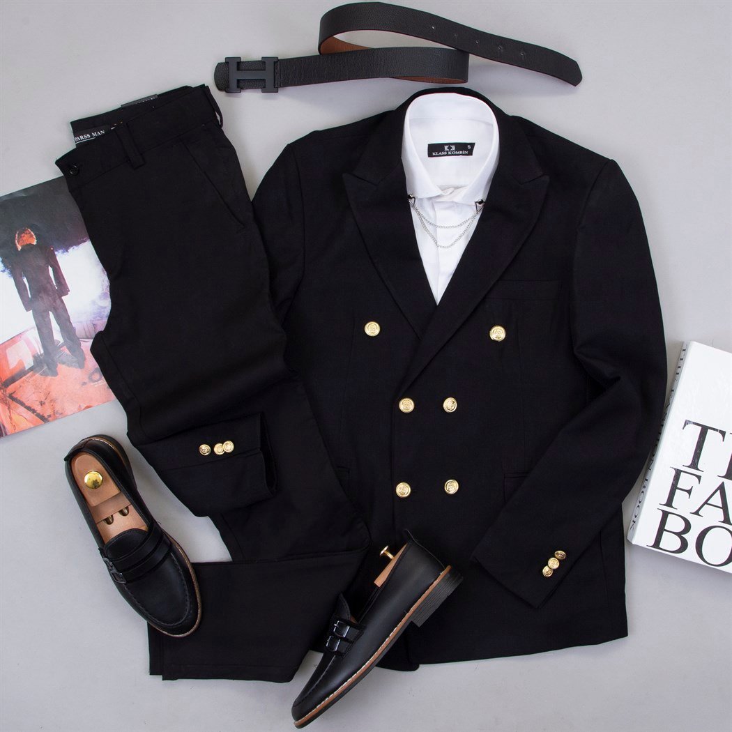 Siyah Kruvaze Blazer Ceket Gömlek Pantolon Ayakkabı Kombin