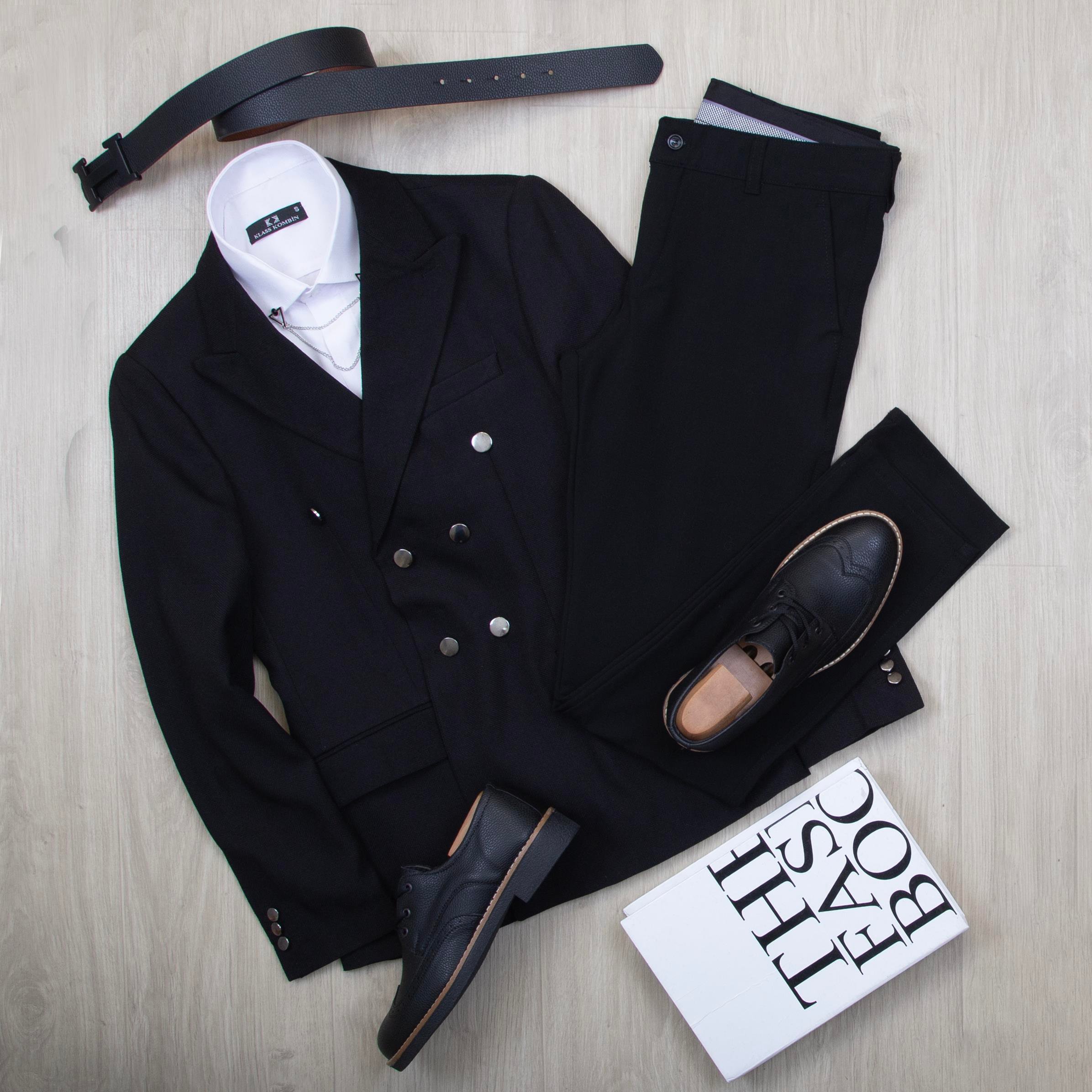 Siyah Kruvaze Blazer Ceket Gömlek Pantolon Ayakkabı Kombin