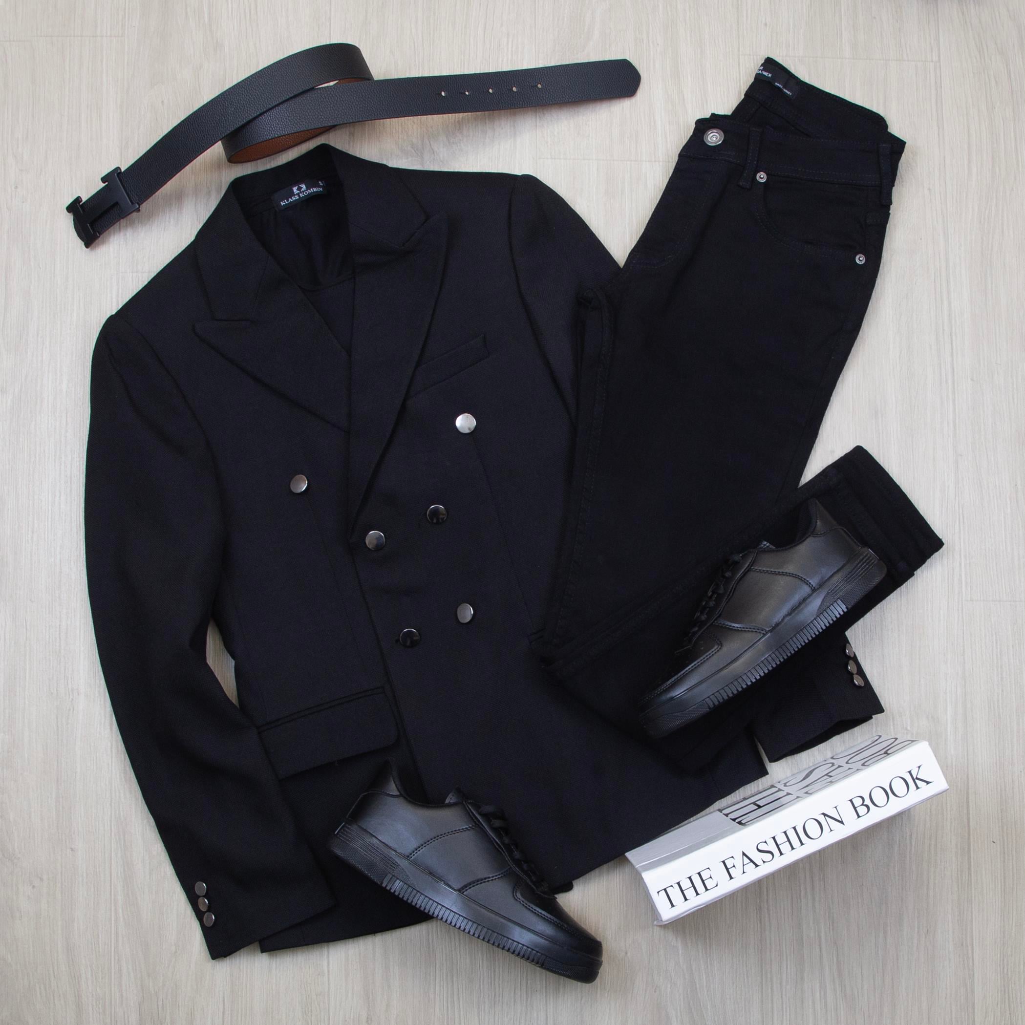 Siyah Kruvaze Blazer Ceket Tişört Pantolon Ayakkabı Kombin