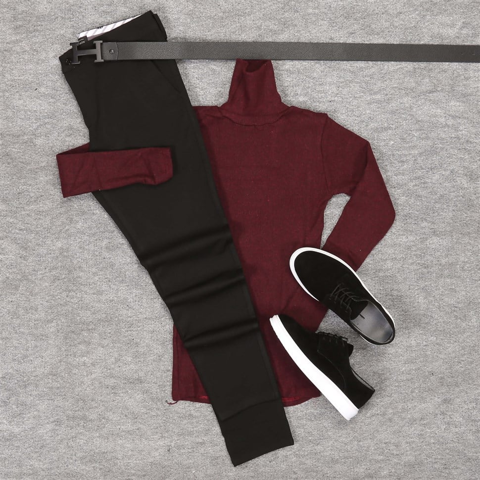 siyah kumaş pantolon kırmızı boyunlu kazak