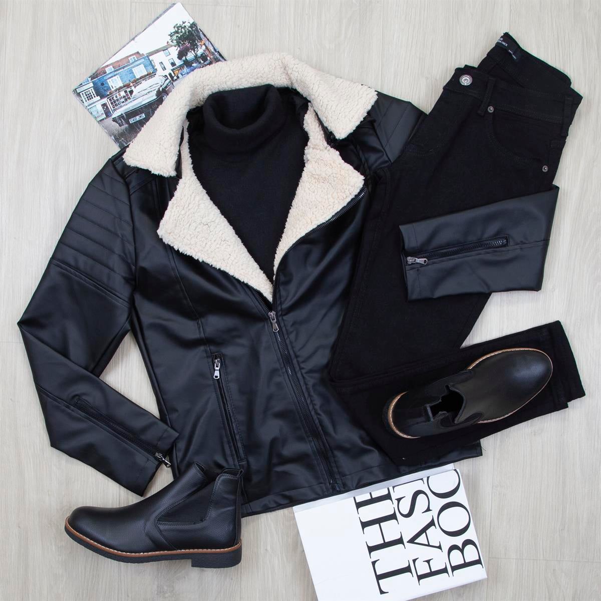 Siyah Kürklü Deri Ceket Boğazlı Body Pantolon Ayakkabı Kombin