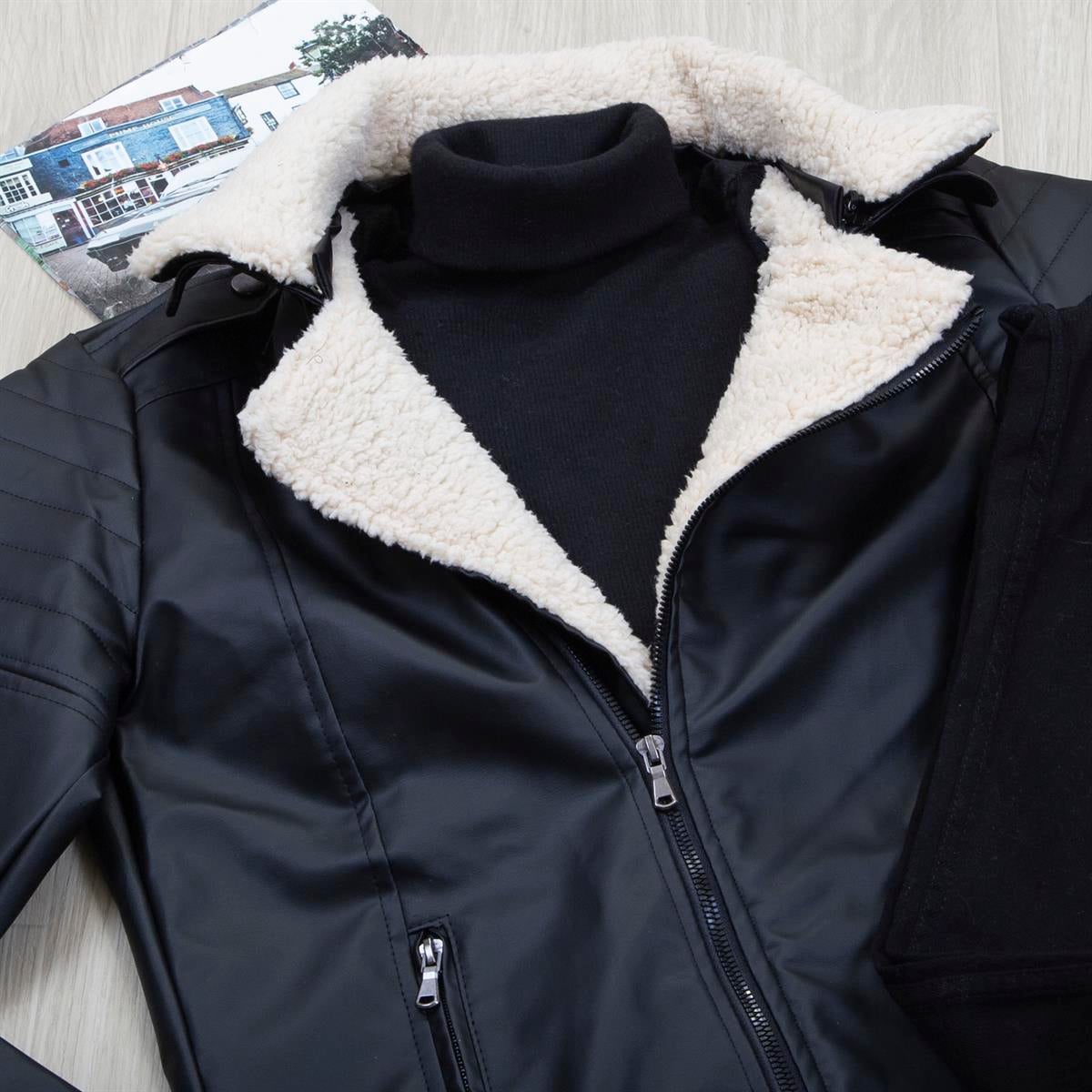 Siyah Kürklü Deri Ceket Boğazlı Body Pantolon Ayakkabı Kombin