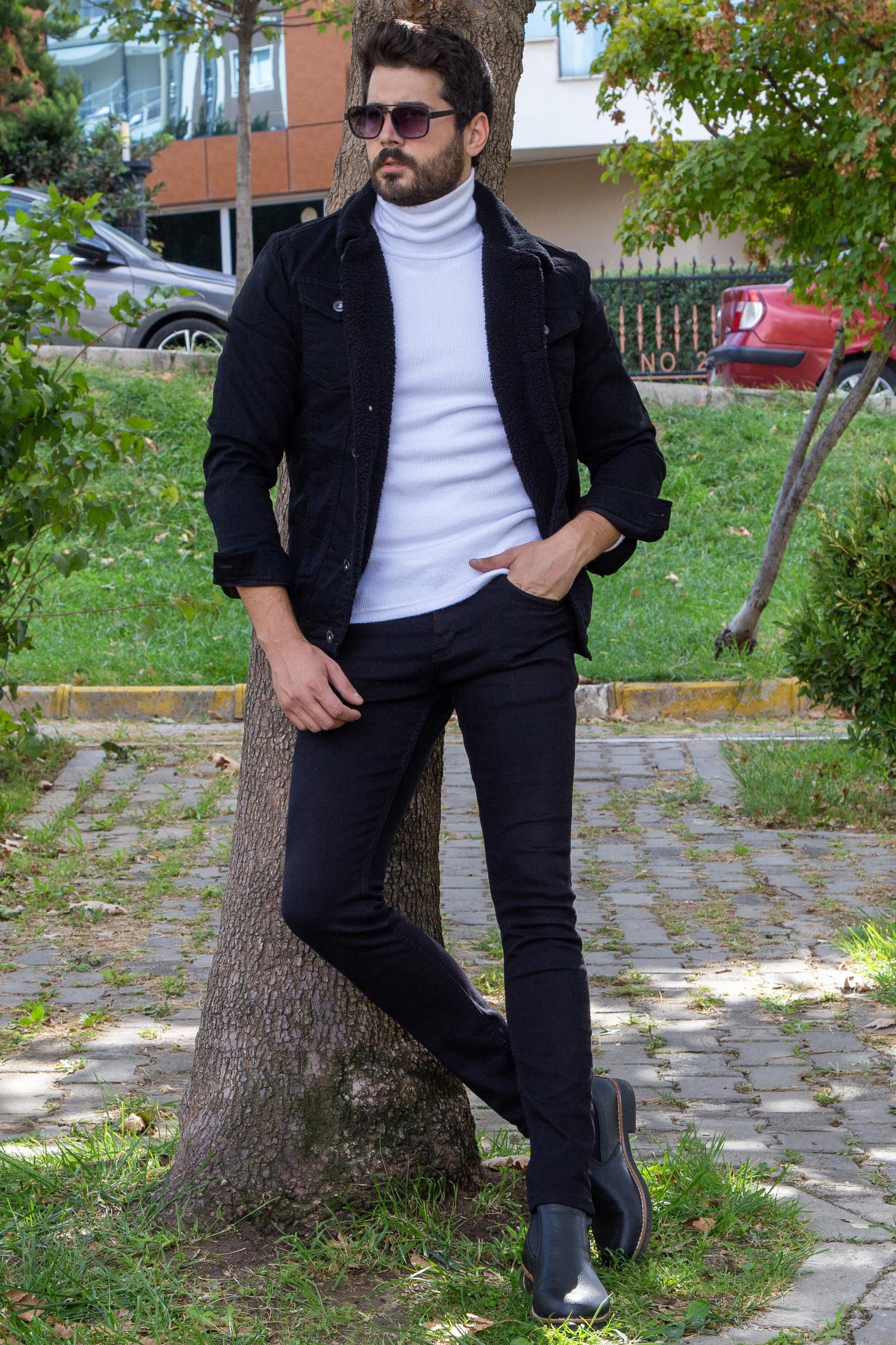 Siyah Kürklü Kot Ceket Boğazlı Body Pantolon Bot Kombin