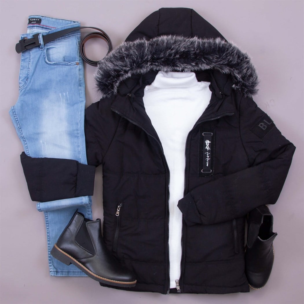 Siyah Kürklü Şişme Mont Kazak Pantolon Bot Kombin