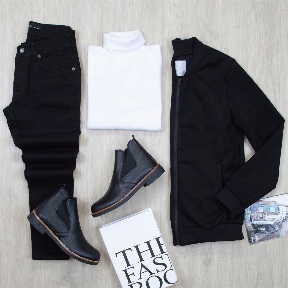 Siyah Nubuk Ceket Boğazlı Body Pantolon Bot Kombin