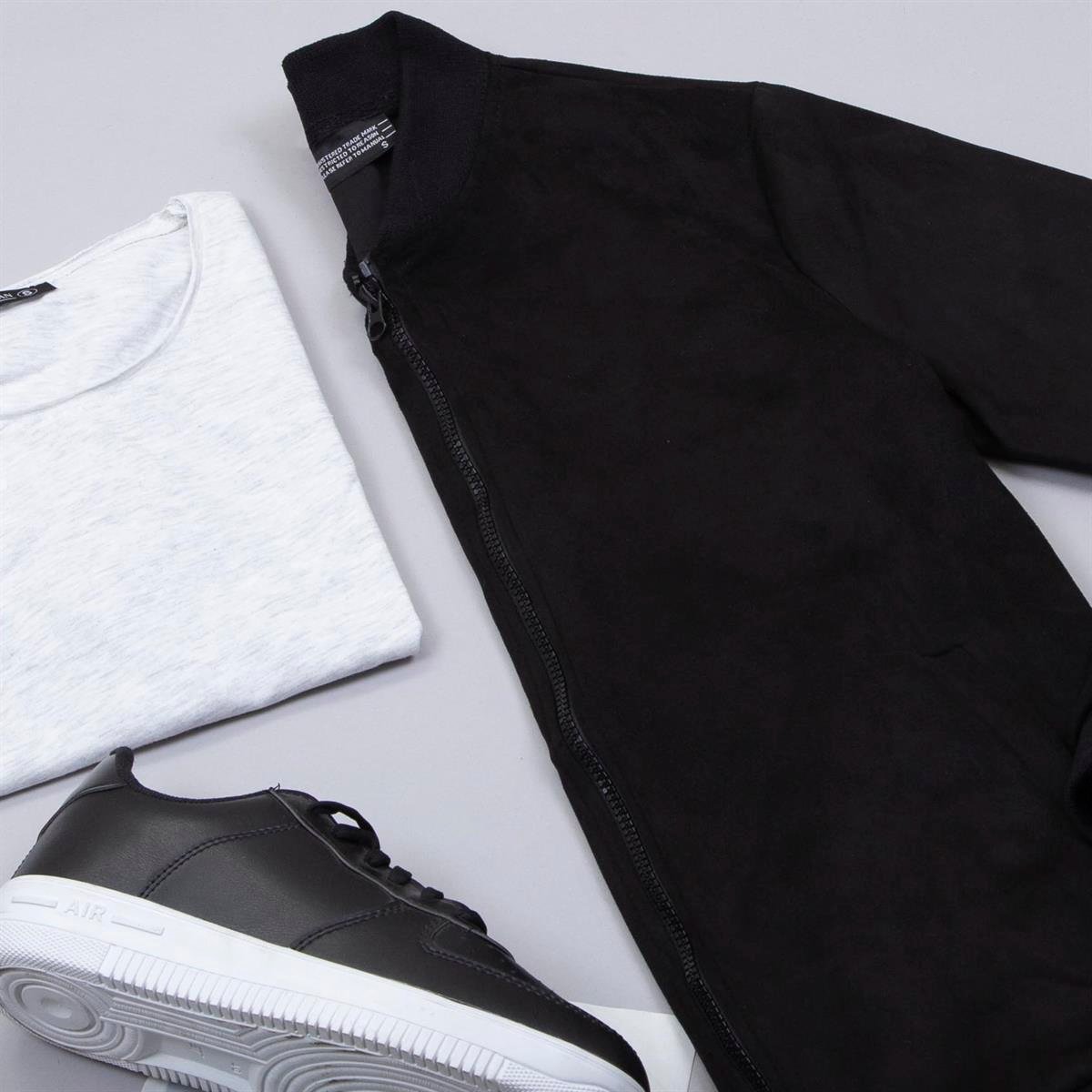 Siyah Nubuk Ceket Tişört Pantolon Ayakkabı Kombin