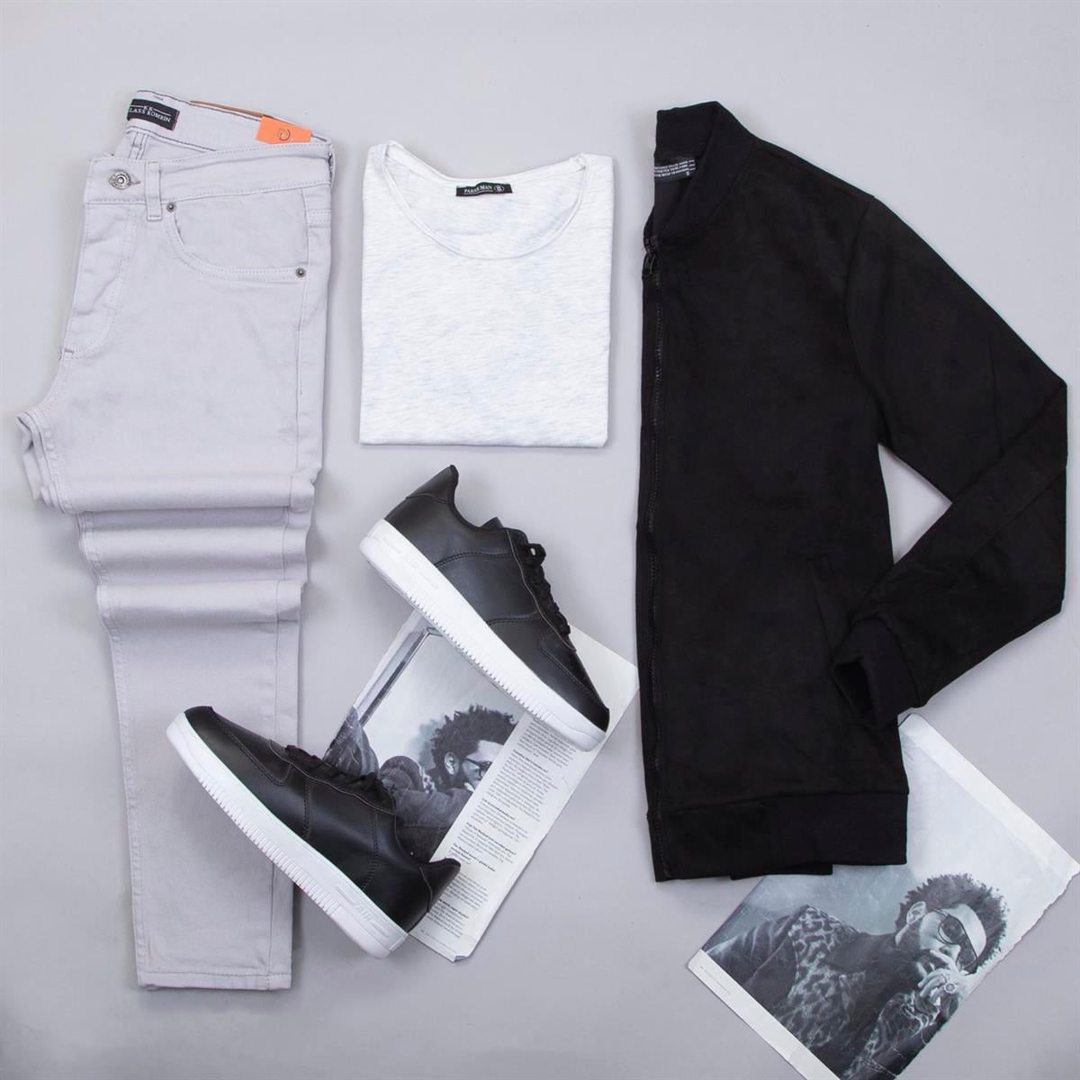 Siyah Nubuk Ceket Tişört Pantolon Ayakkabı Kombin