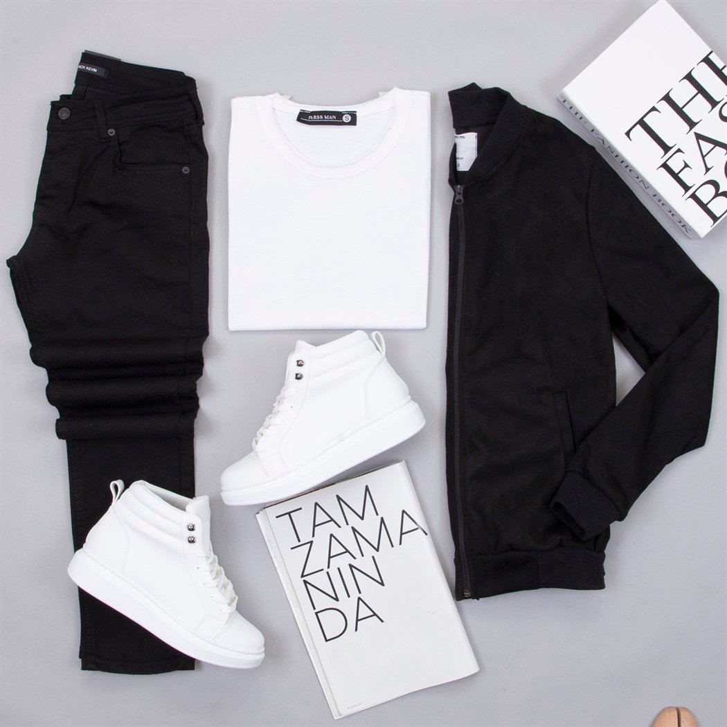 Siyah Nubuk Ceket Tişört Pantolon Ayakkabı Kombin