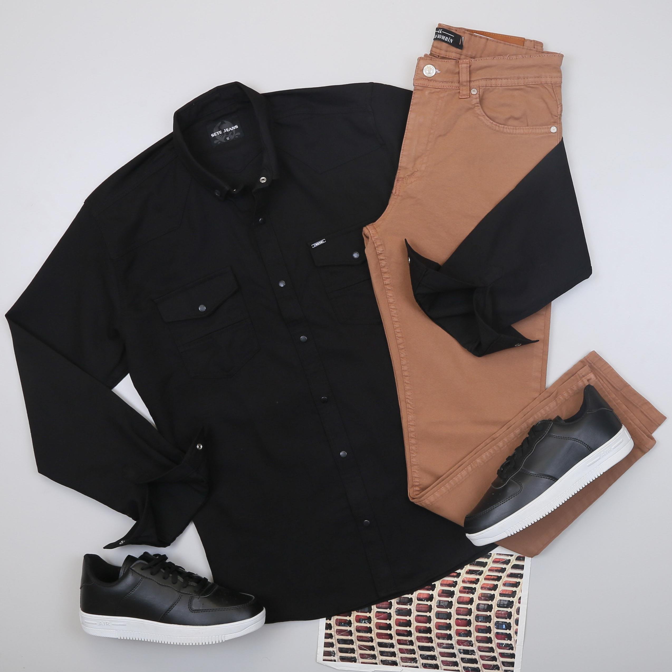 Siyah Pamuklu Kot Gömlek Tişört Pantolon Ayakkabı Kombin