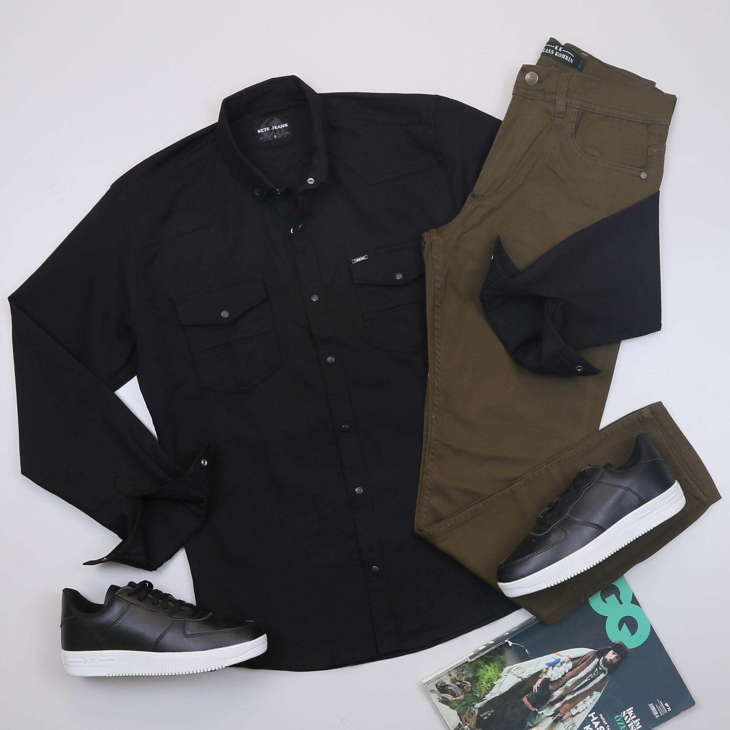 Siyah Pamuklu Kot Gömlek Tişört Pantolon Ayakkabı Kombin
