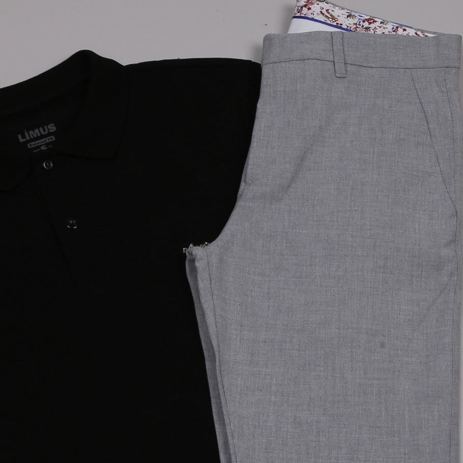 Siyah Polo Yaka Tişört Gri kumaş  pantolon  ayakkabı Kombin