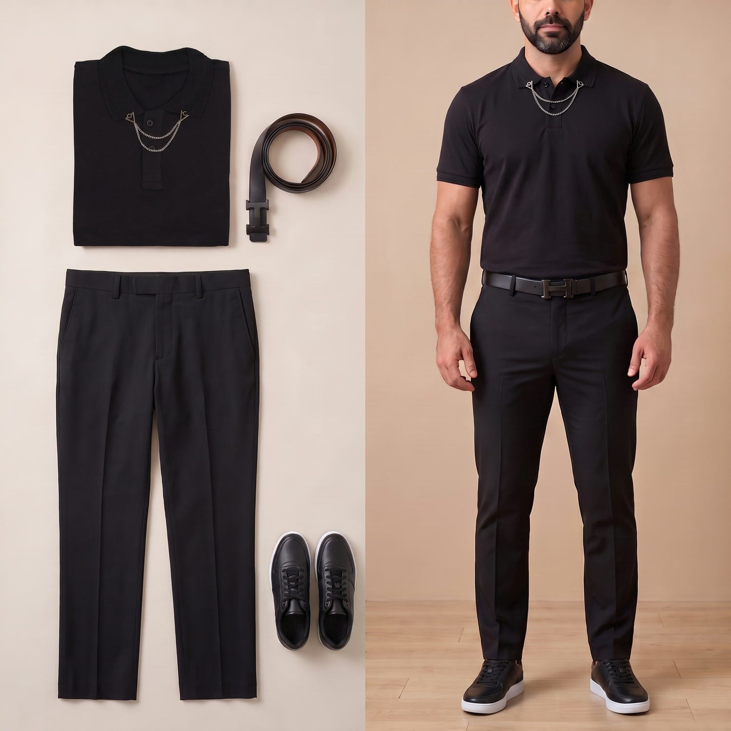 Siyah Polo Yaka Tişört Kombini Erkek | Slim Fit Şık Komple Set