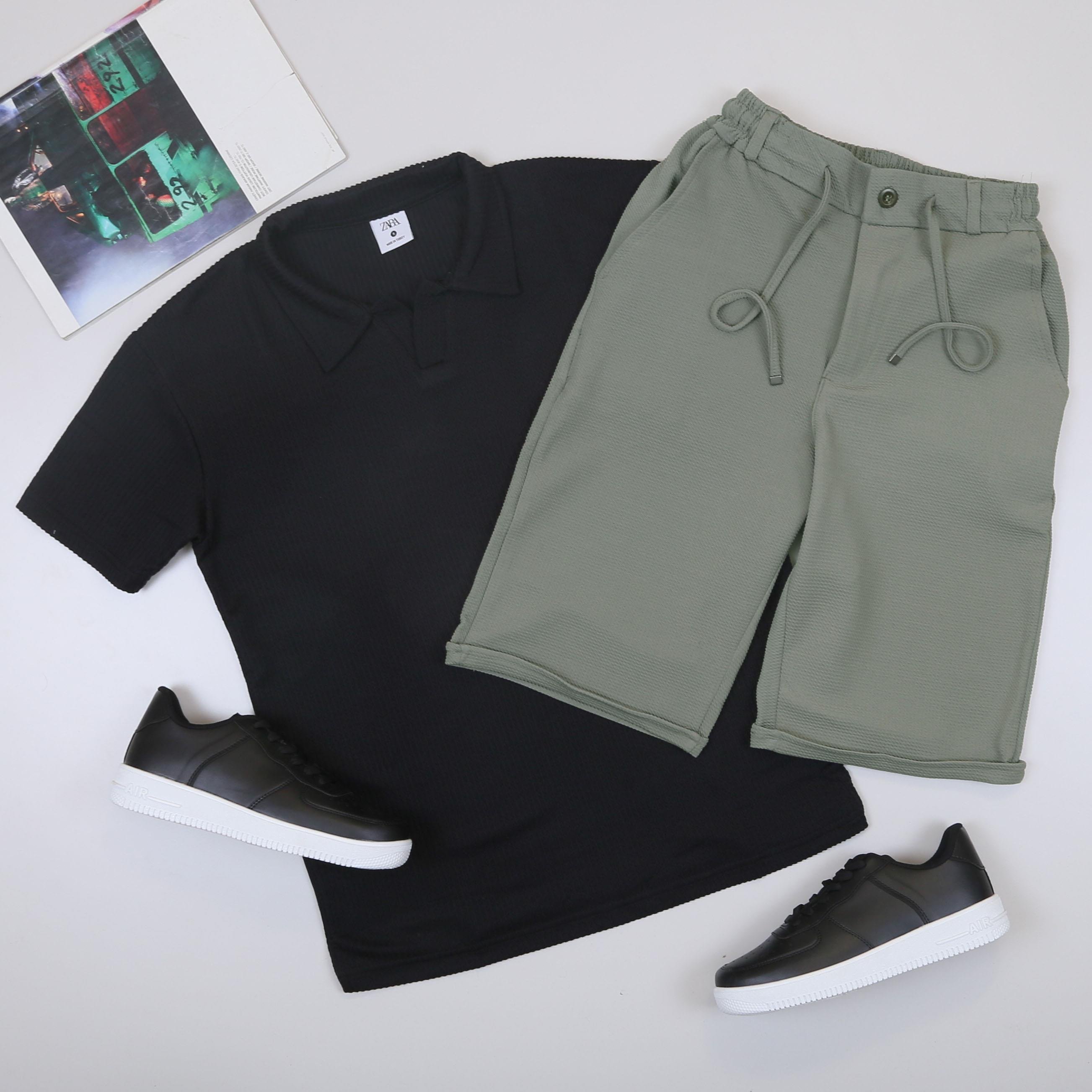 Siyah Polo Yaka Tişört Şort  Ayakkabı Kombin