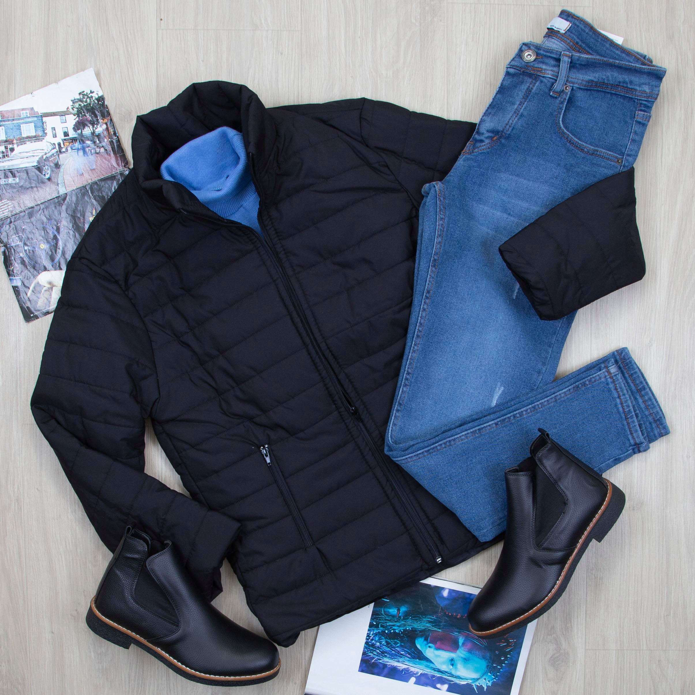 Siyah Şişme Mont Boğazlı Body Pantolon Bot Kombin