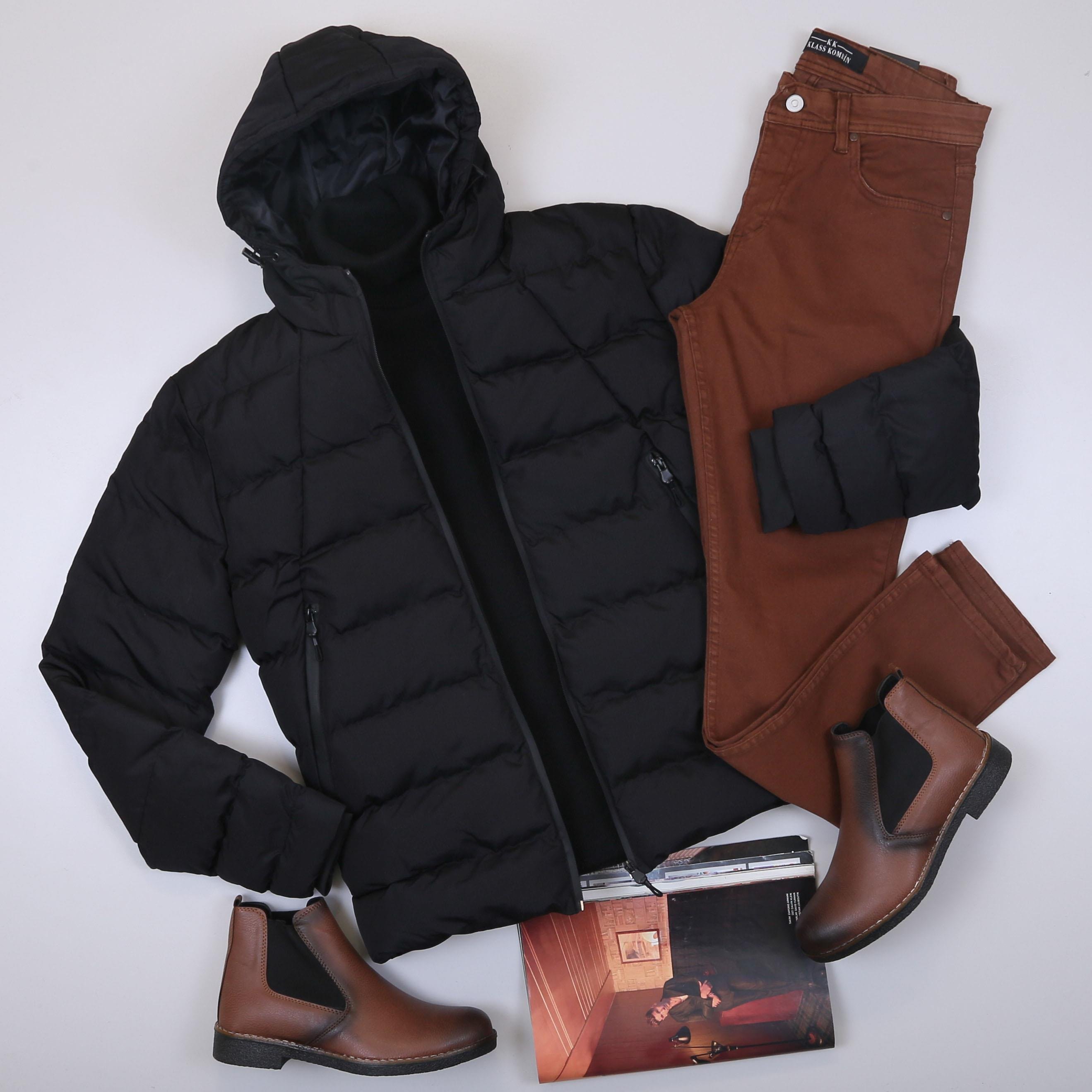 Siyah Şişme Mont Boğazlı Body Pantolon Bot Kombin