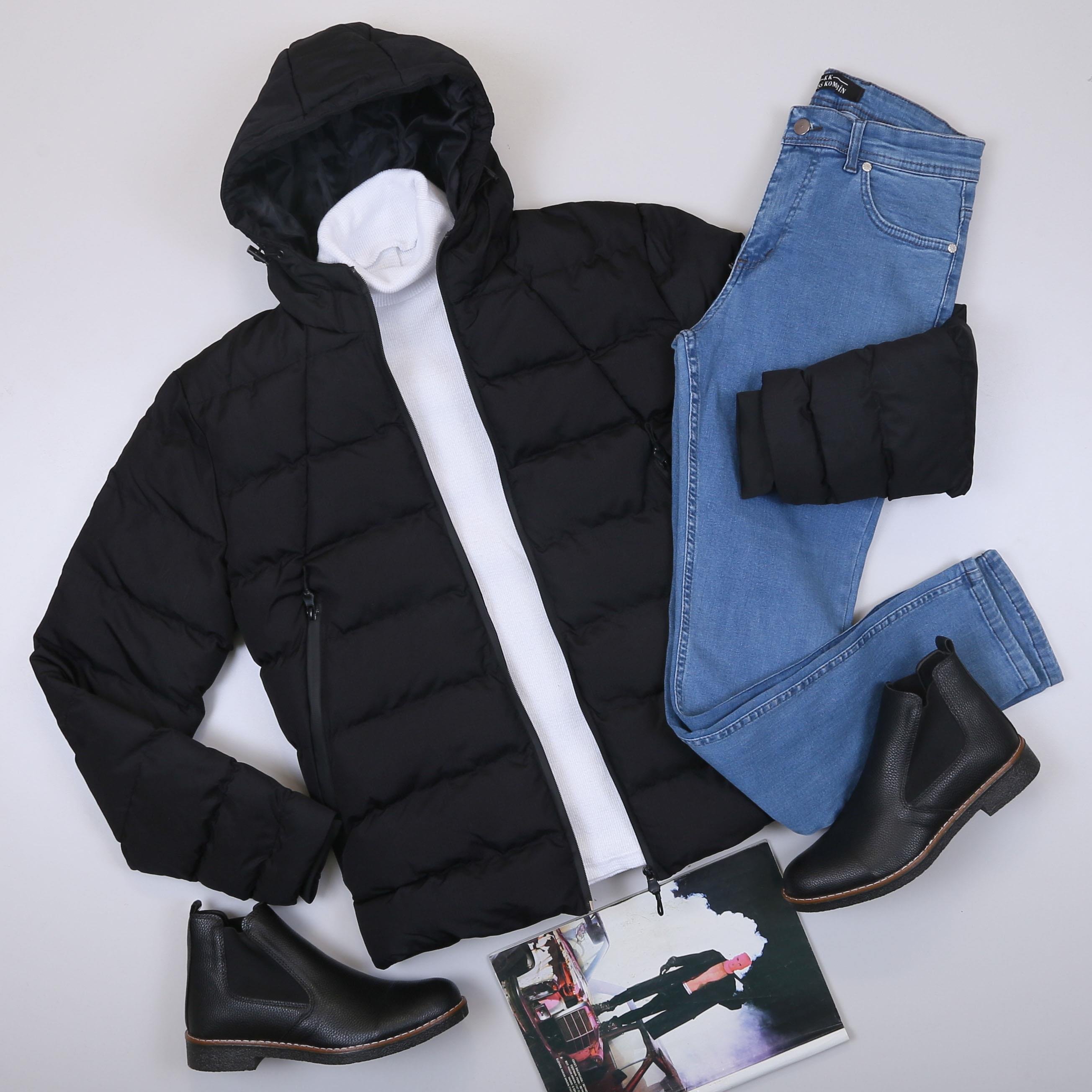 Siyah Şişme Mont Boğazlı Body Pantolon Bot Kombin