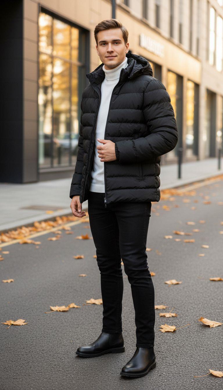 Siyah Şişme Mont Pantolon Bot Kombini