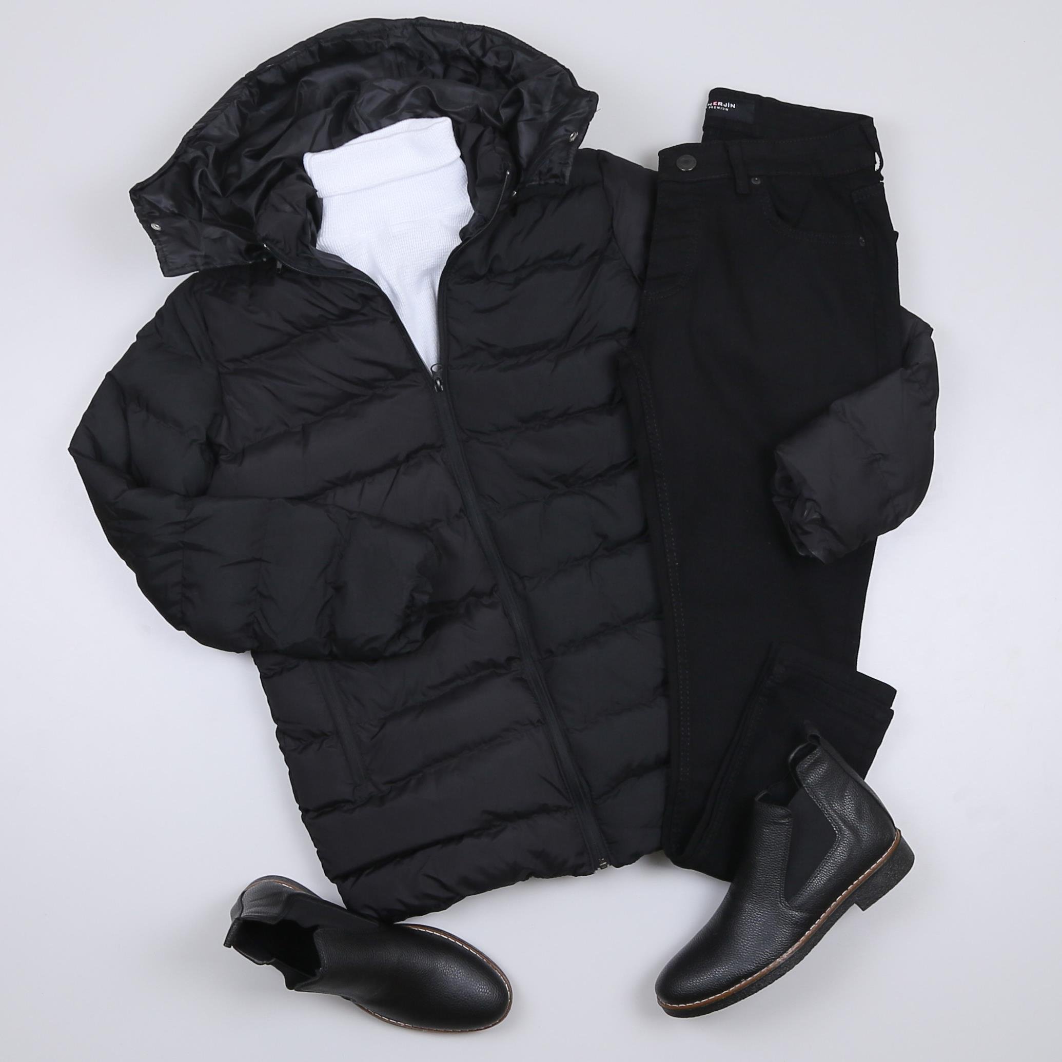 Siyah Şişme Mont Pantolon Bot Kombini