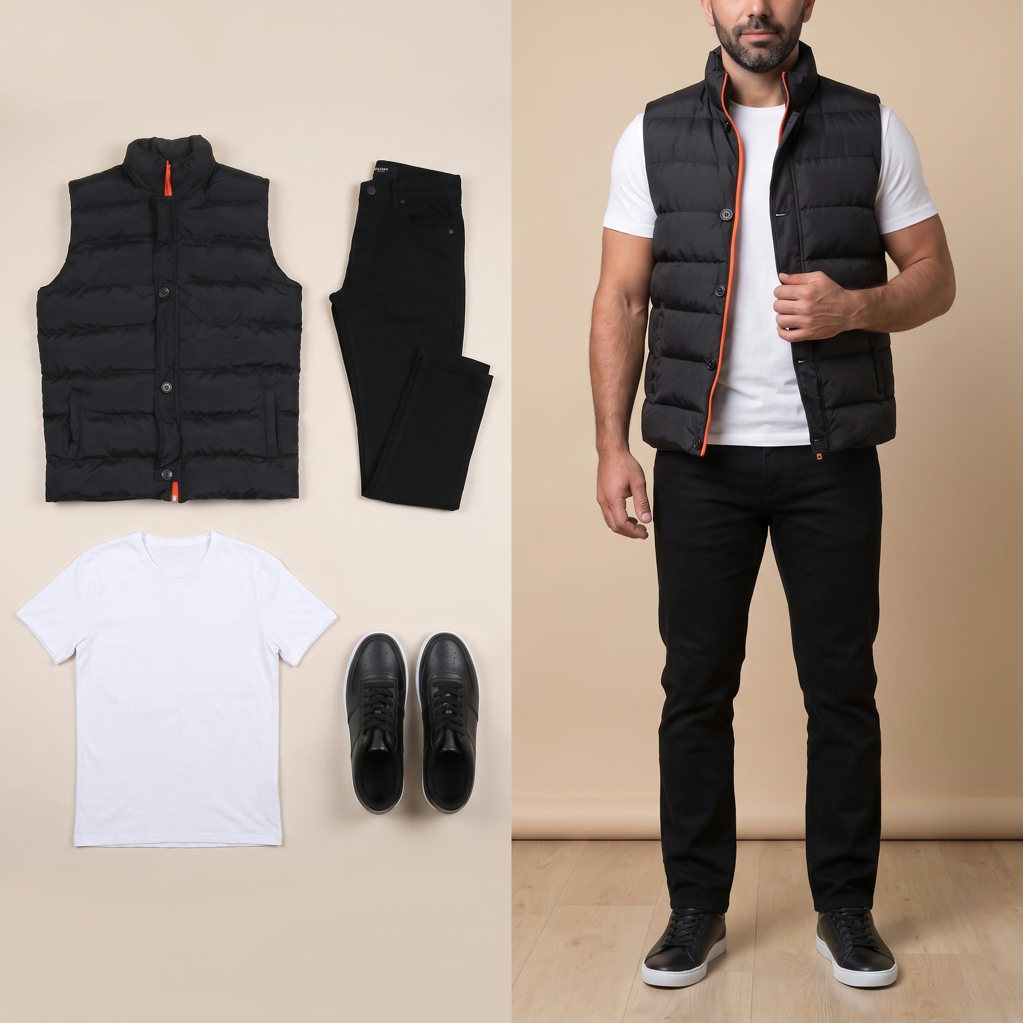 Siyah Şişme Yelek Basic Pantolon Ayakkabı Kombin