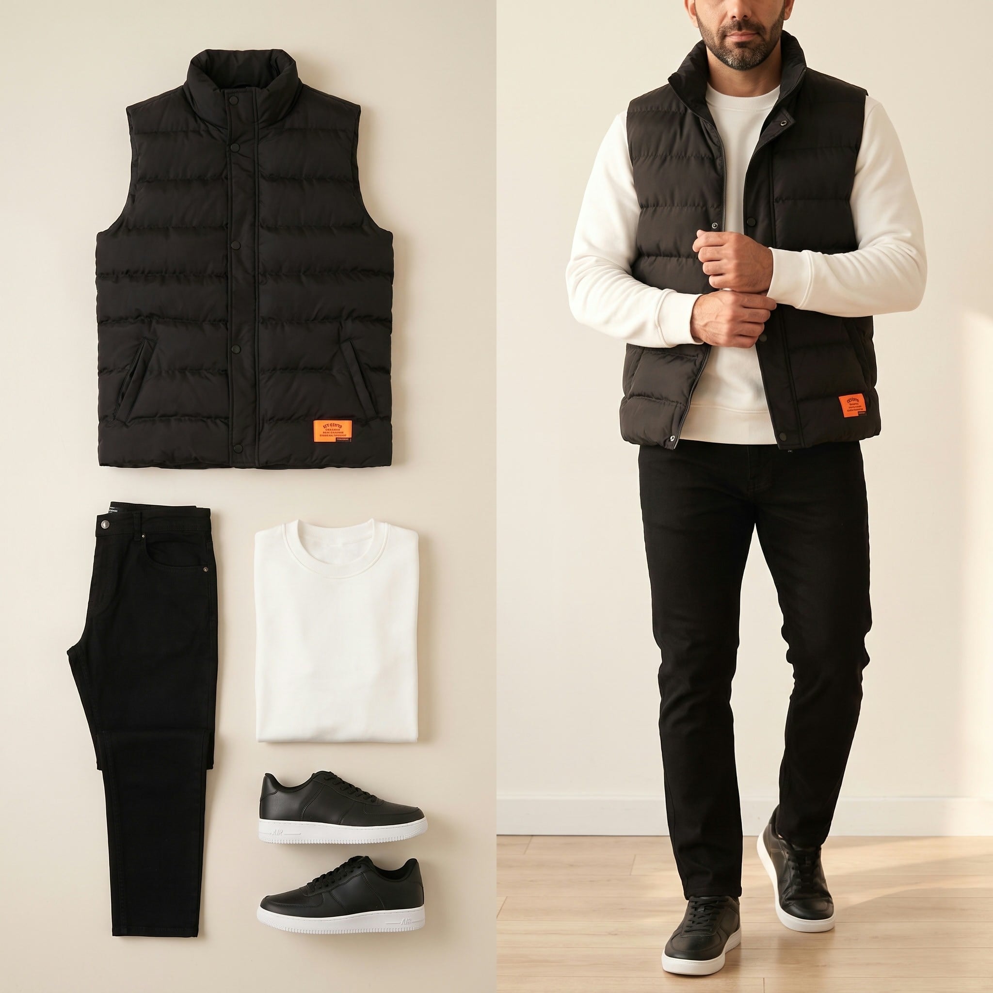 Siyah Şişme Yelek Beyaz Sweatshirt Kot Pantolon Ayakkabı Kombin