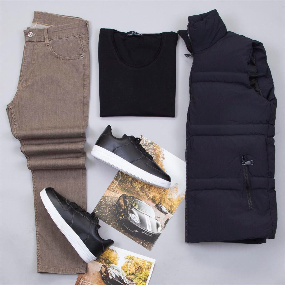 Siyah Şişme Yelek Tişört Pantolon Ayakkabı Kombin