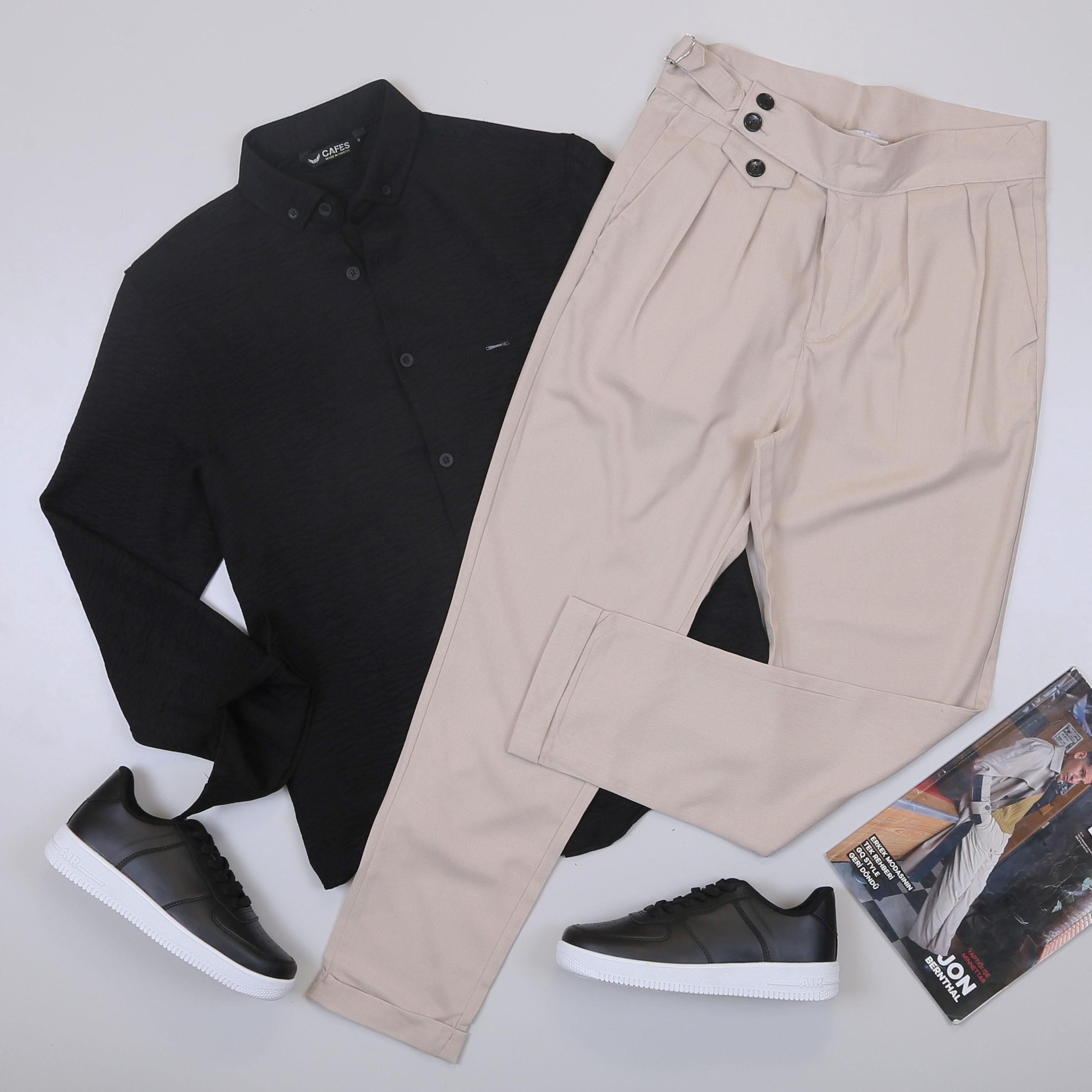 Siyah Spor Gömlek Pileli Pantolon Ayakkabı Kombin